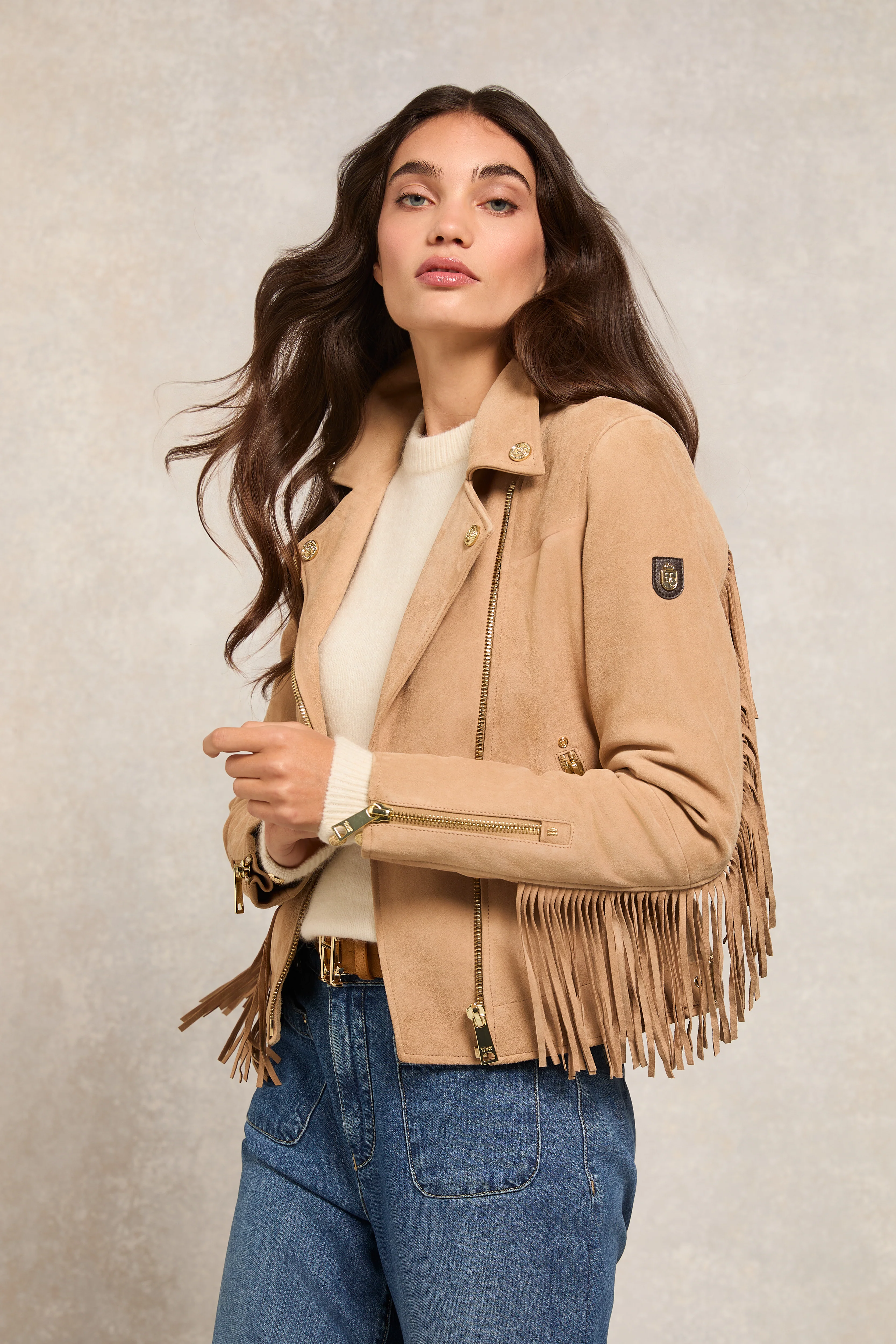 Fringed Suede Biker Jacket (Camel)