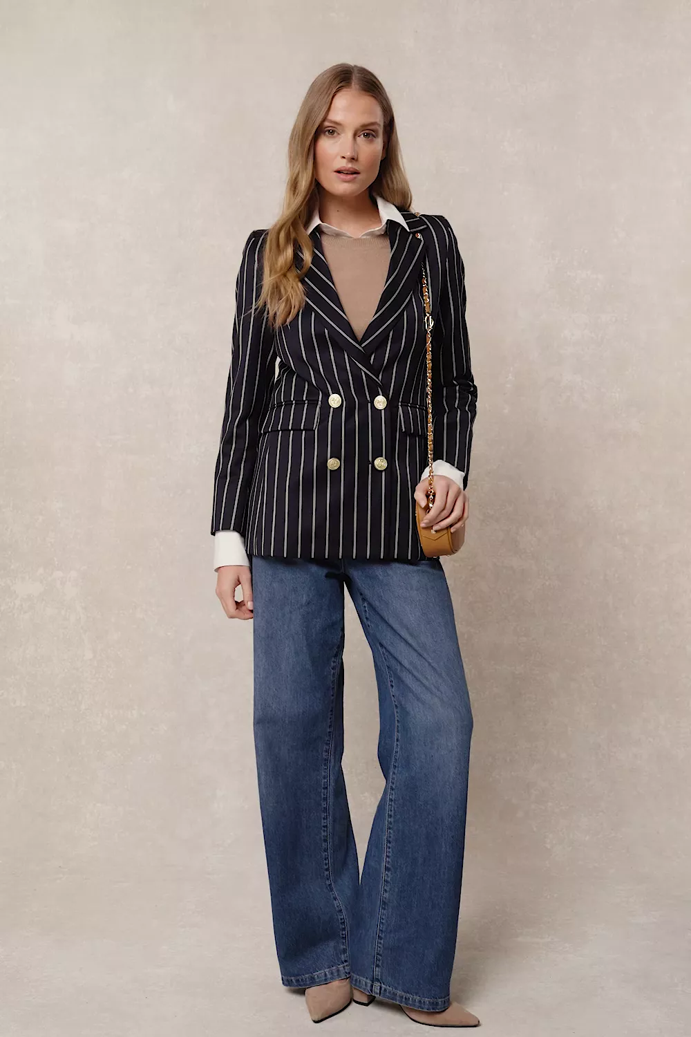 Double Breasted Blazer (Ink Navy Wide Stripe)