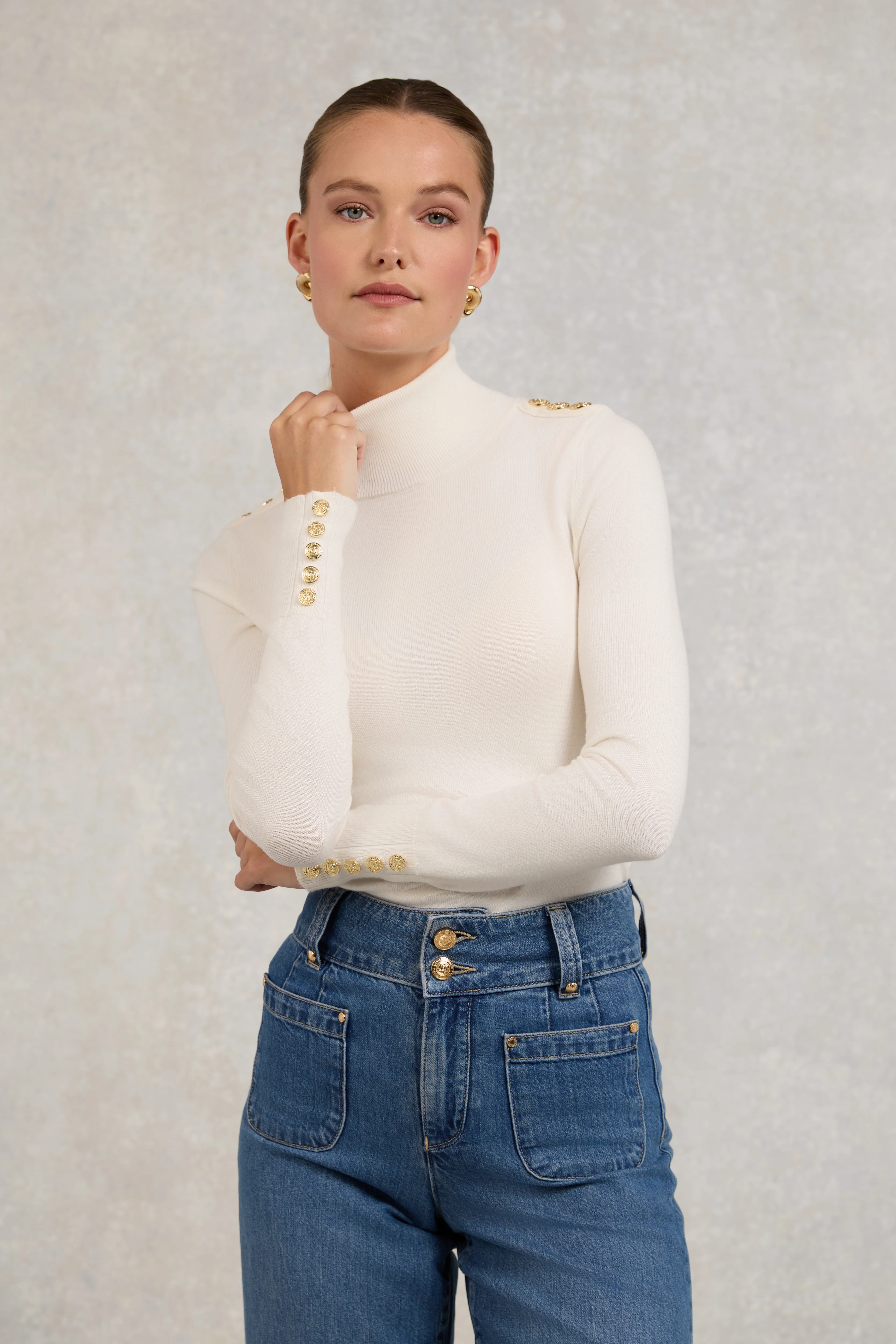 Buttoned Knit Roll Neck (Cream)