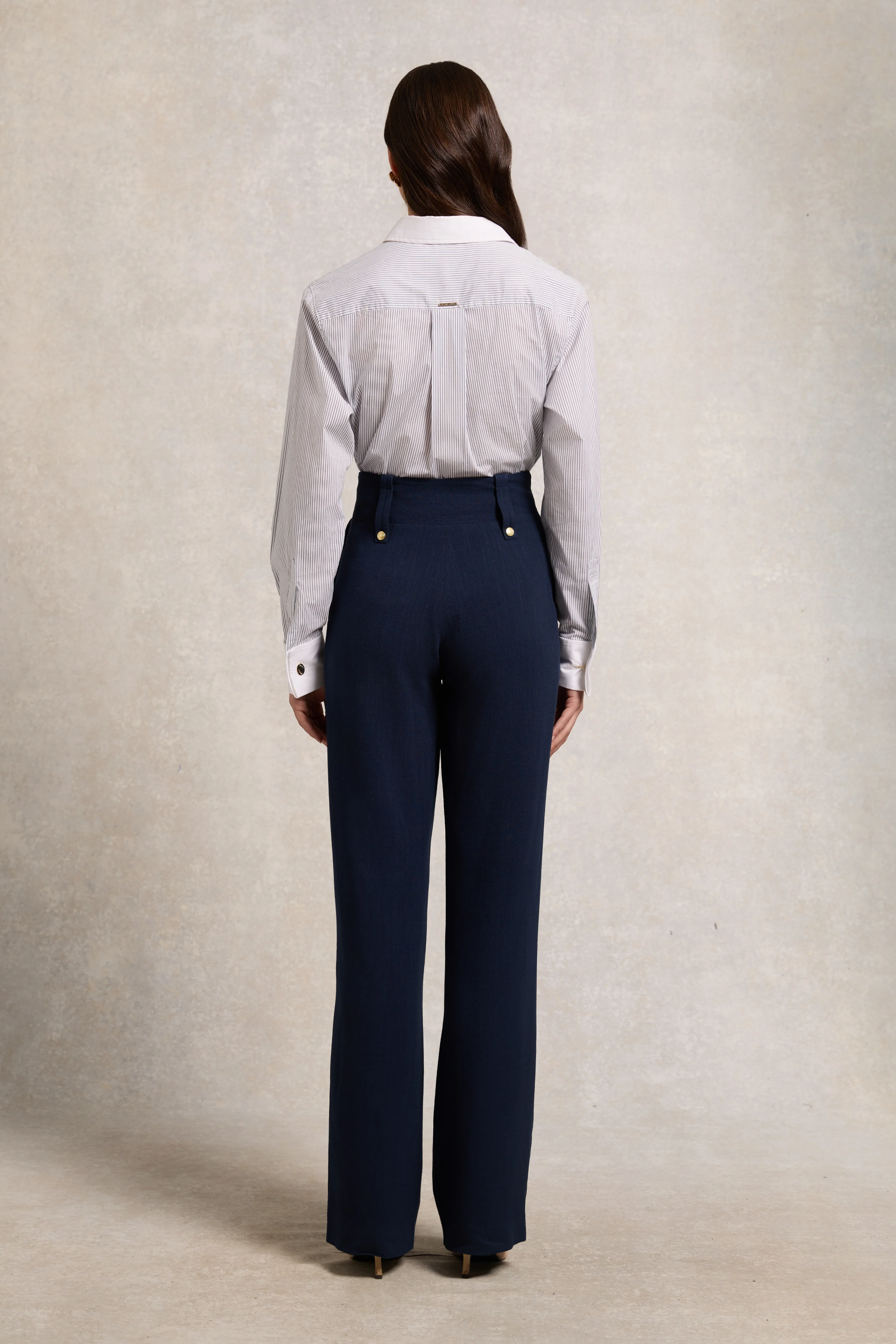 High Waisted Straight Trouser (Navy Linen)