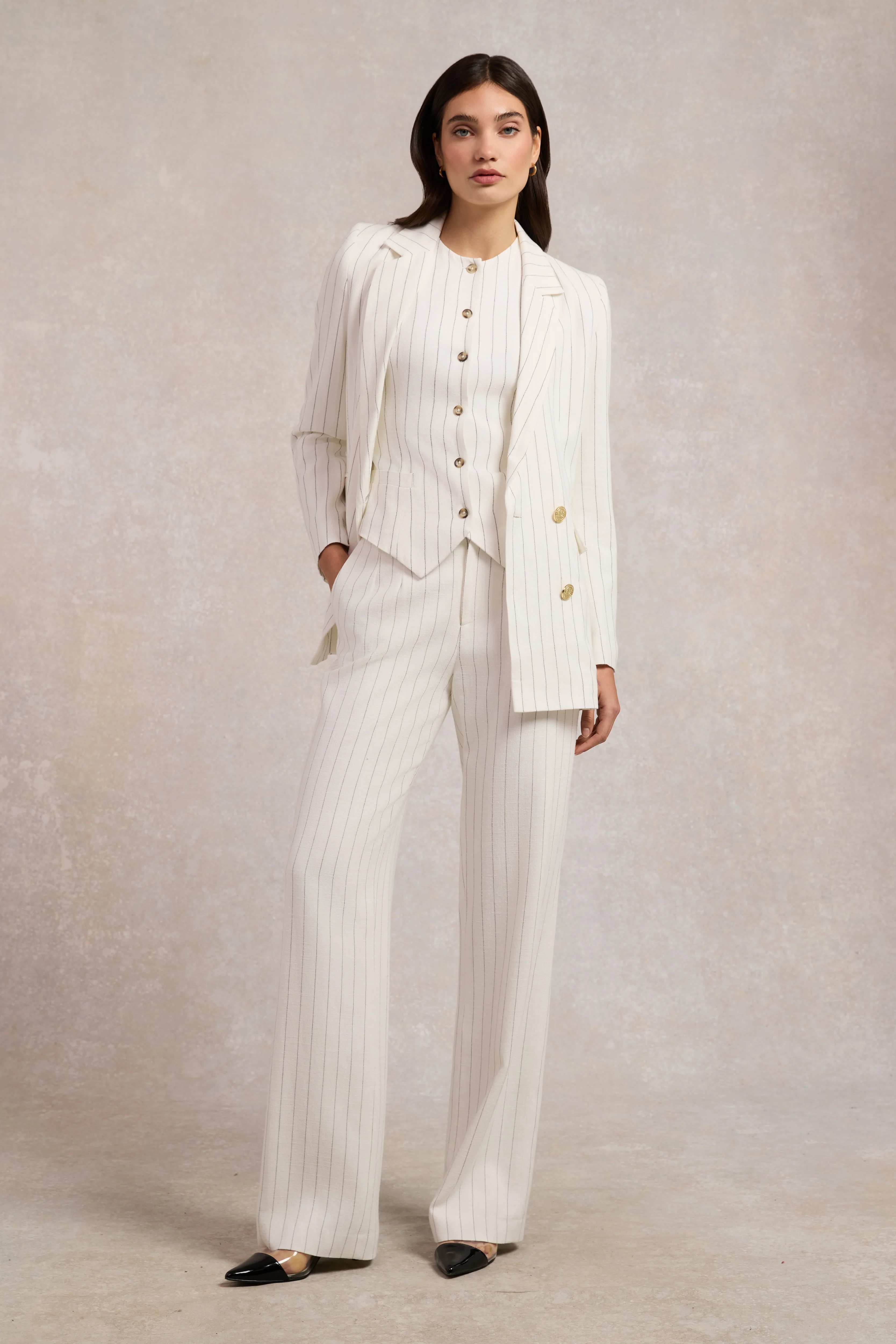 High Waisted Straight Trouser (Oyster Linen Pinstripe)