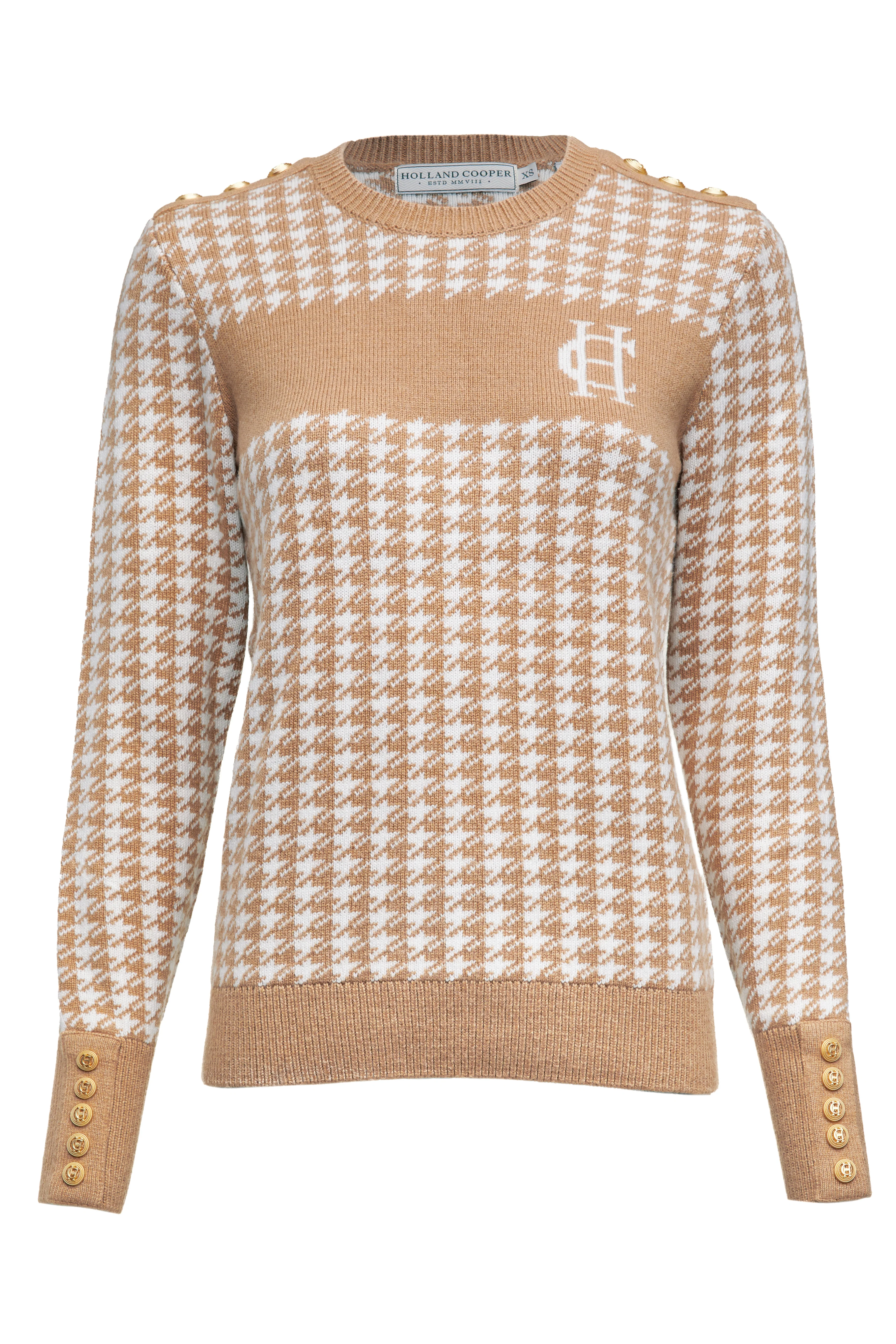 Panel Crew Neck Knit (Camel Houndstooth)