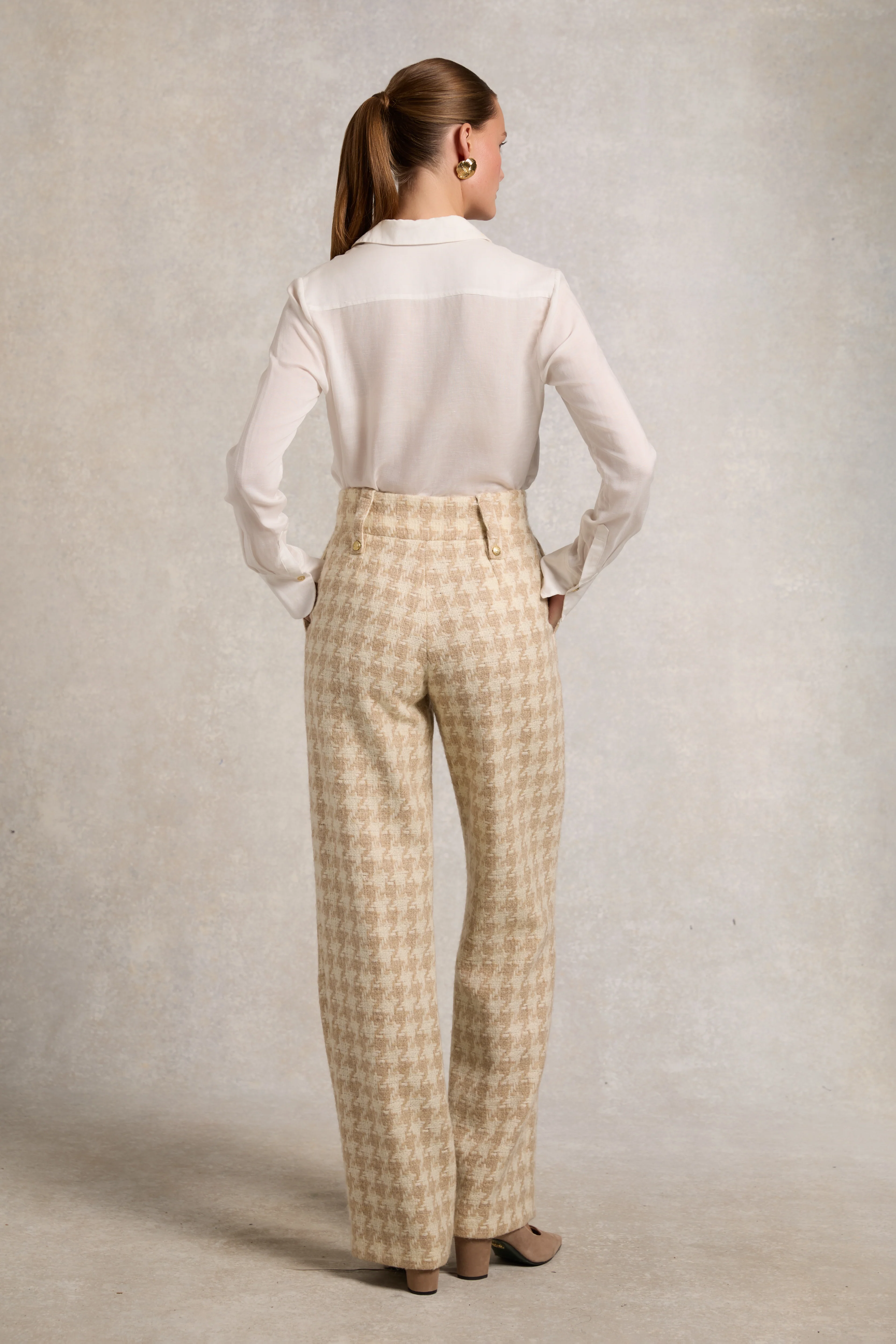 High Waisted Straight Trouser (Camel Houndstooth)