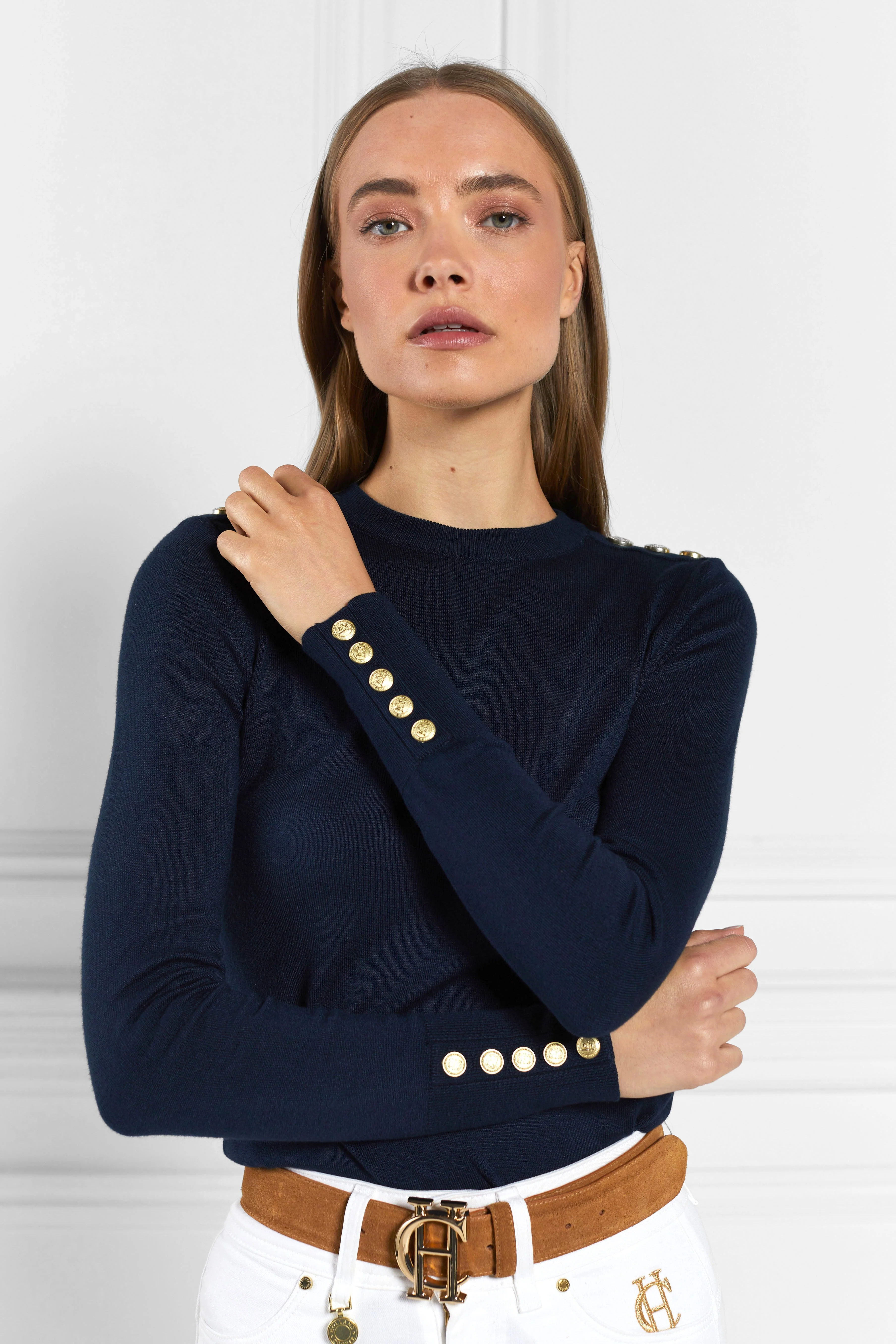 Buttoned Knit Crew Neck (Ink Navy)