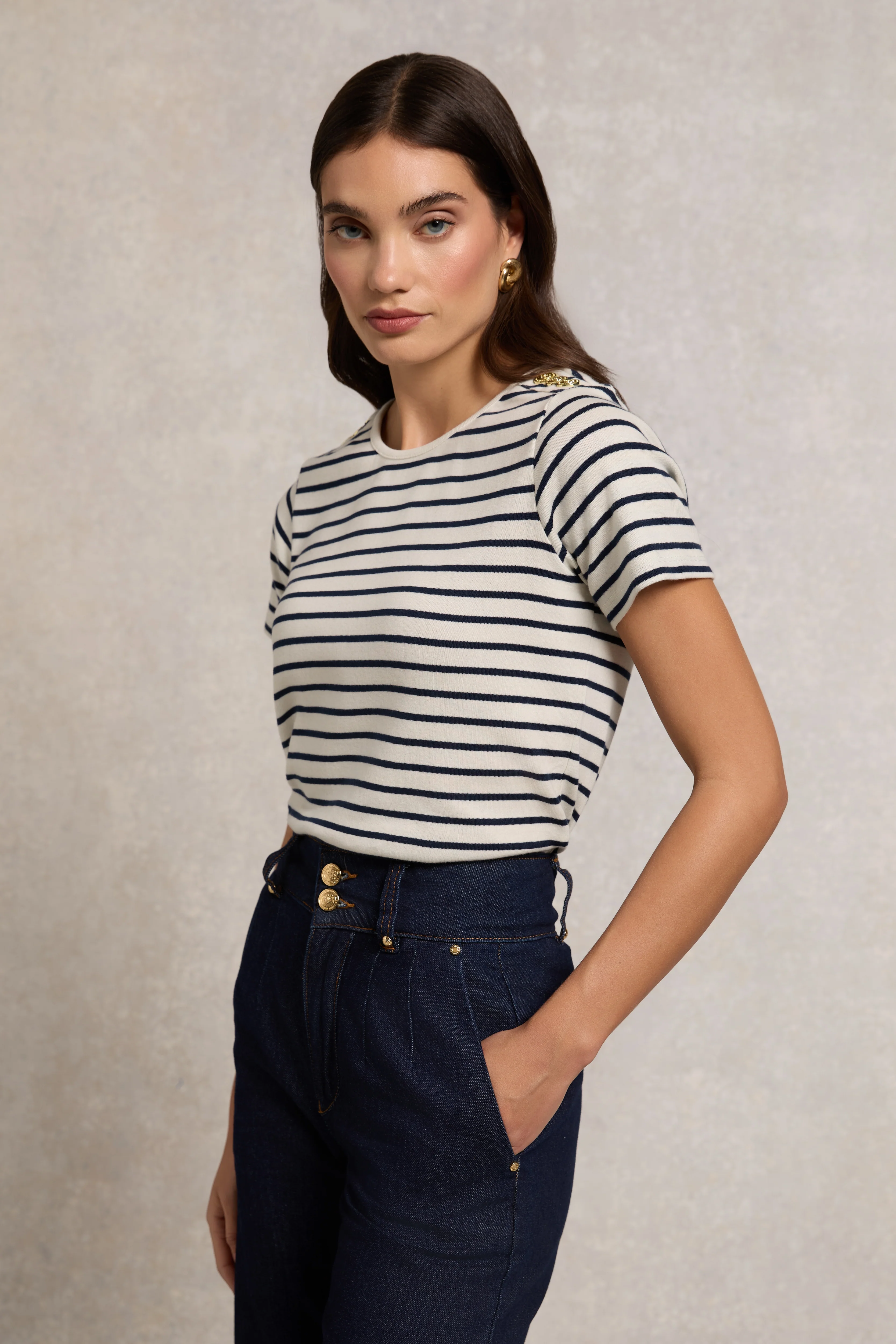 Padstow Crew Neck Tee (Natural Ink Navy Stripe)