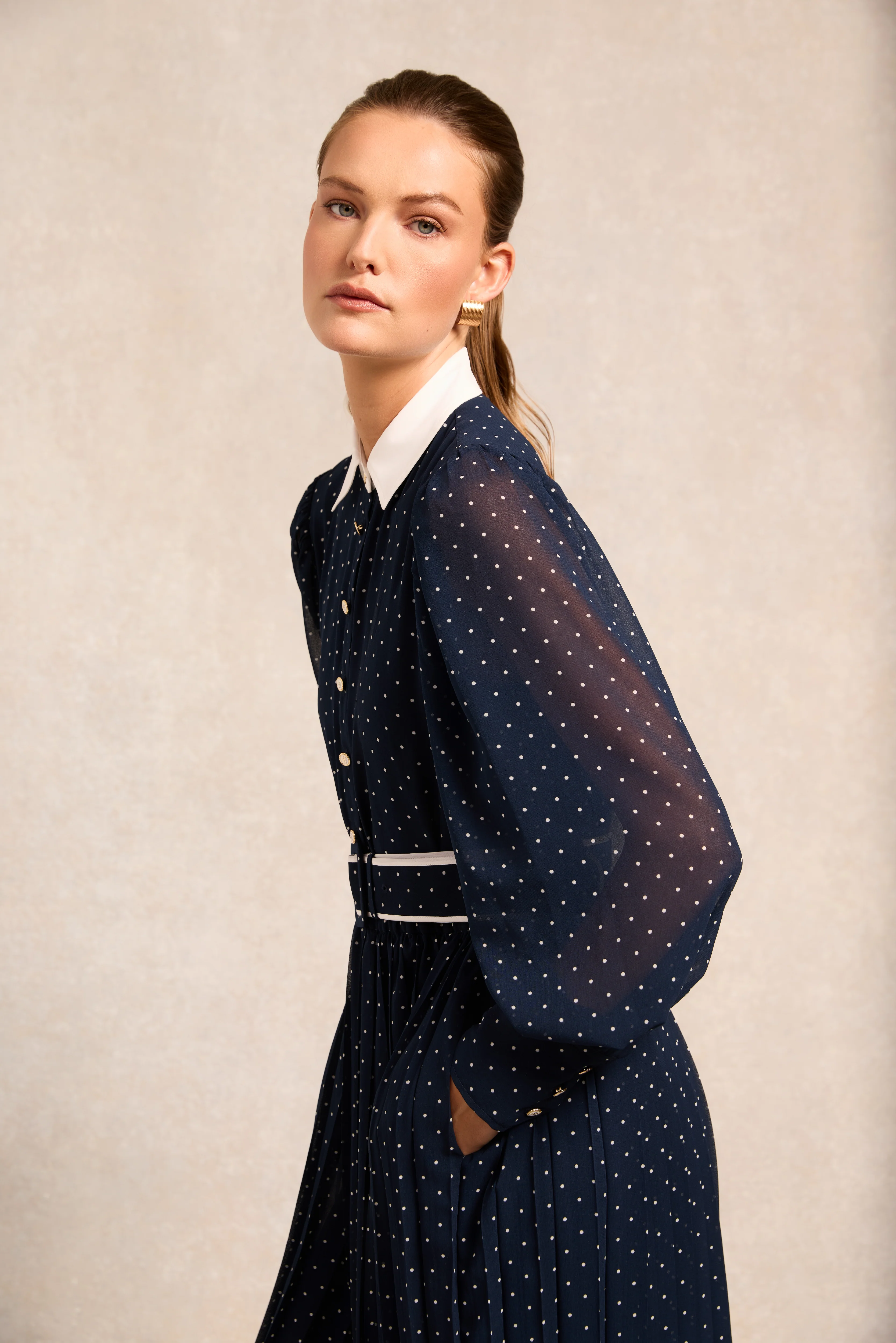 Annabel Pleated Maxi Dress (Ink Navy Polka Dot)