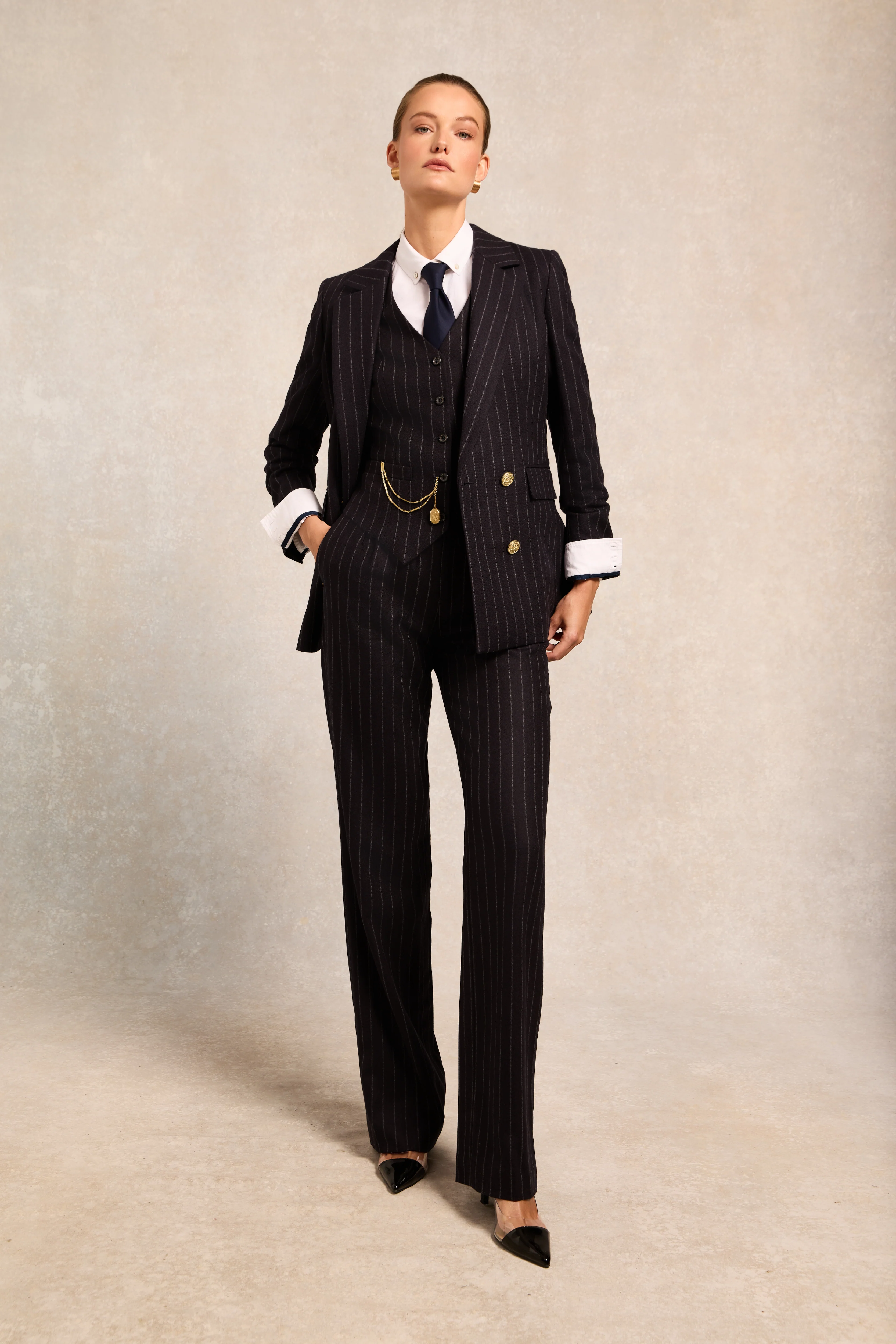 High Waisted Straight Trouser (Navy Chalk Pinstripe)