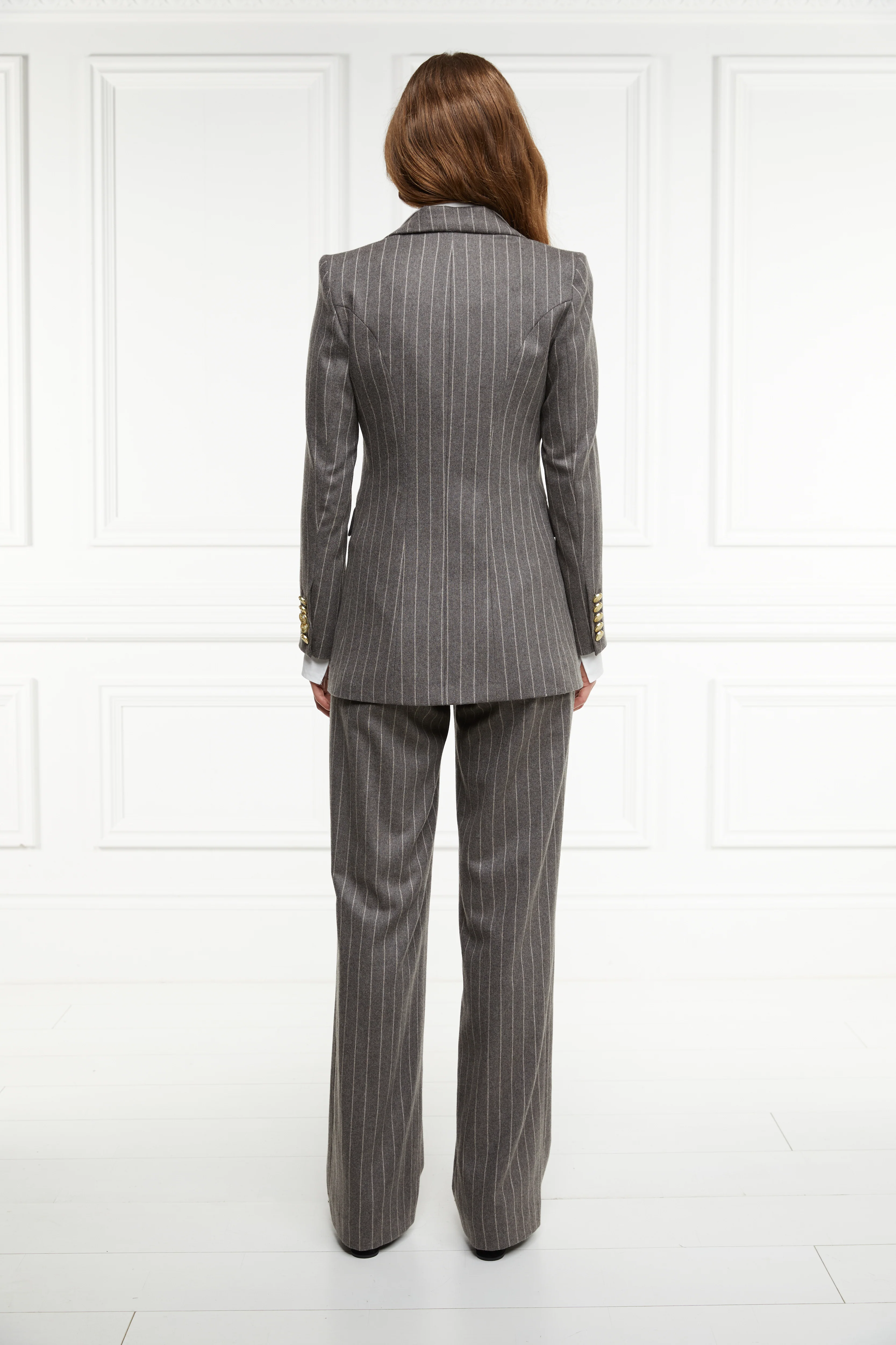 High Waisted Straight Trouser (Soft Grey Pinstripe)