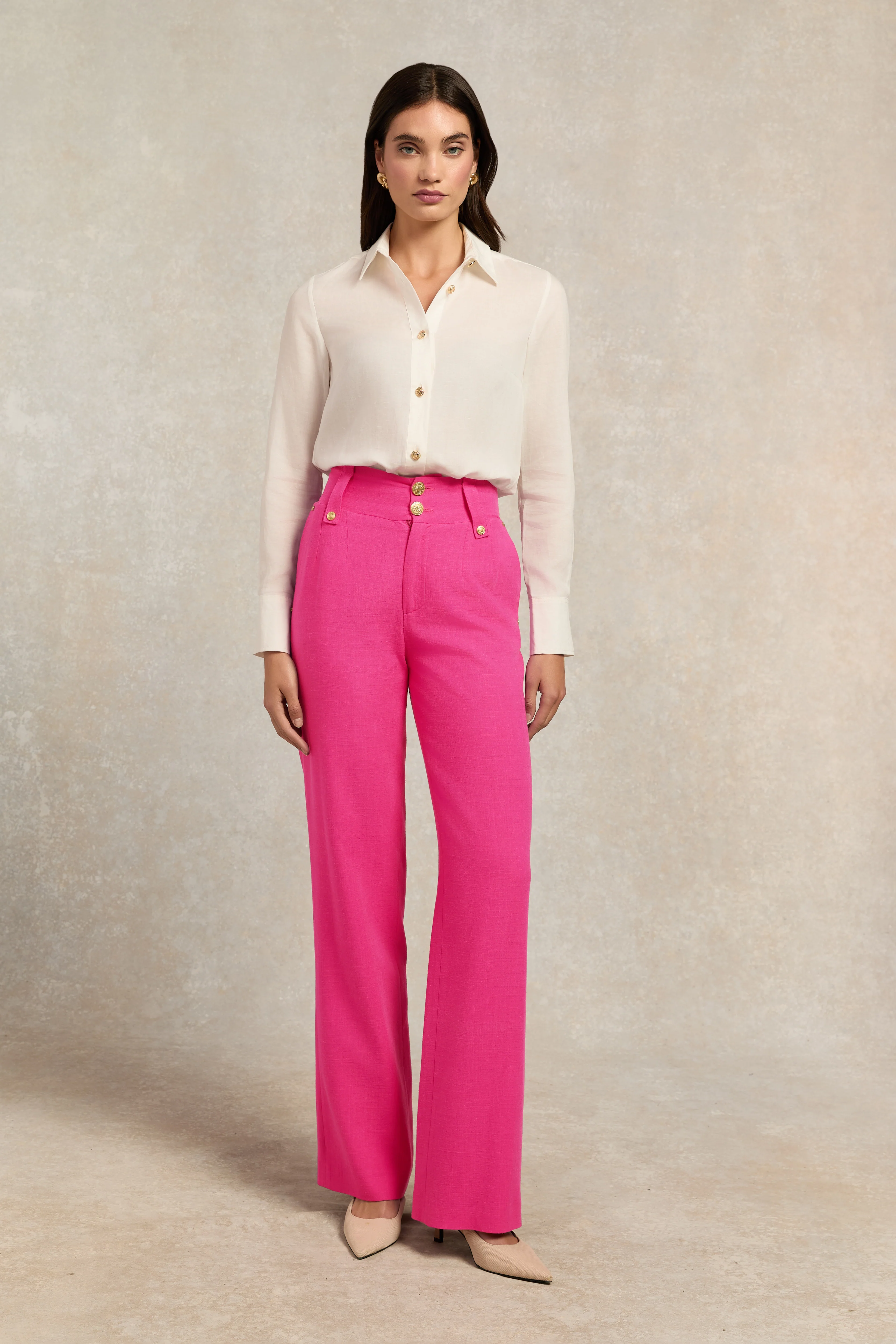 High Waisted Straight Trouser (Hot Pink Linen)