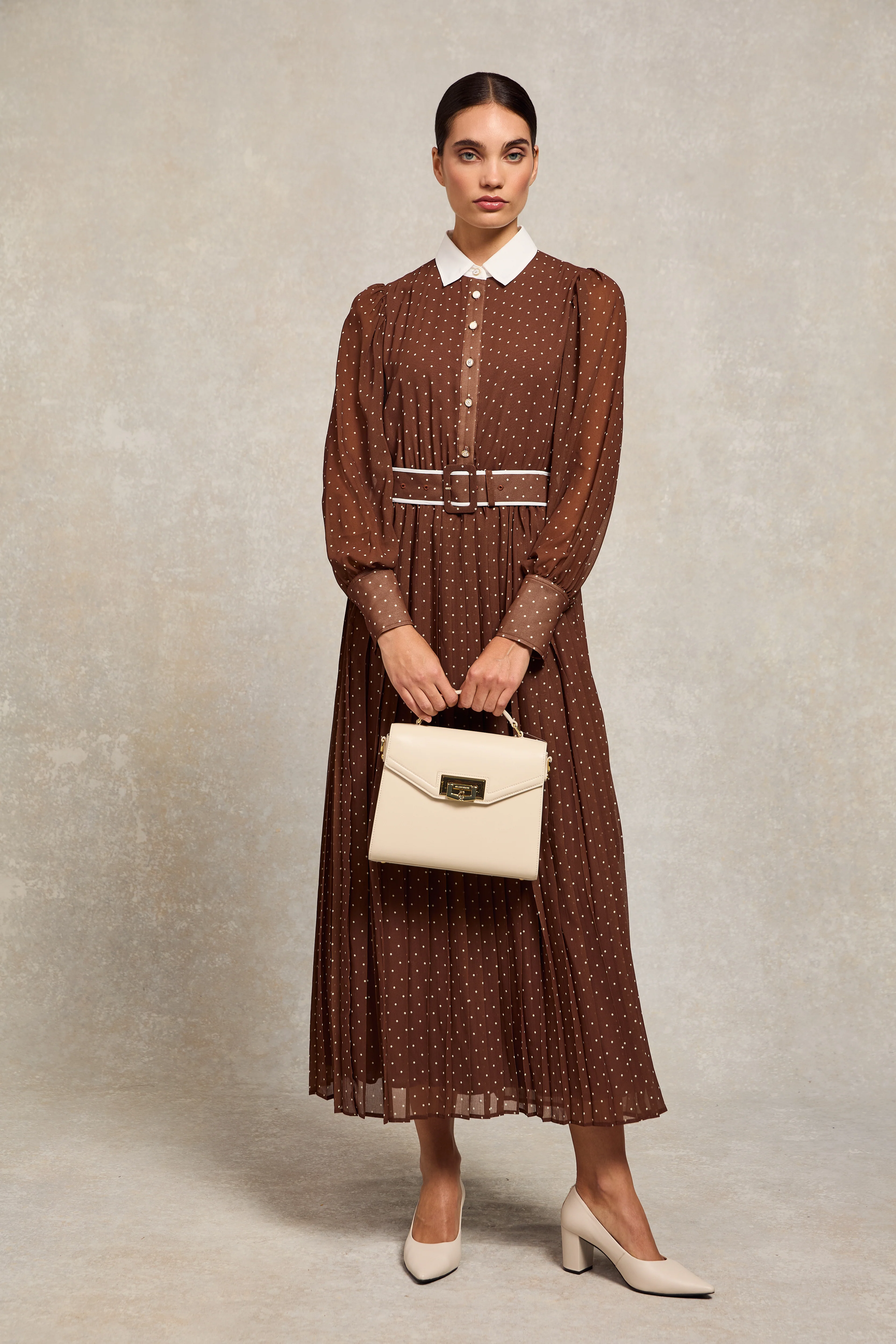 Annabel Pleated Maxi Dress (Chestnut Polka Dot)