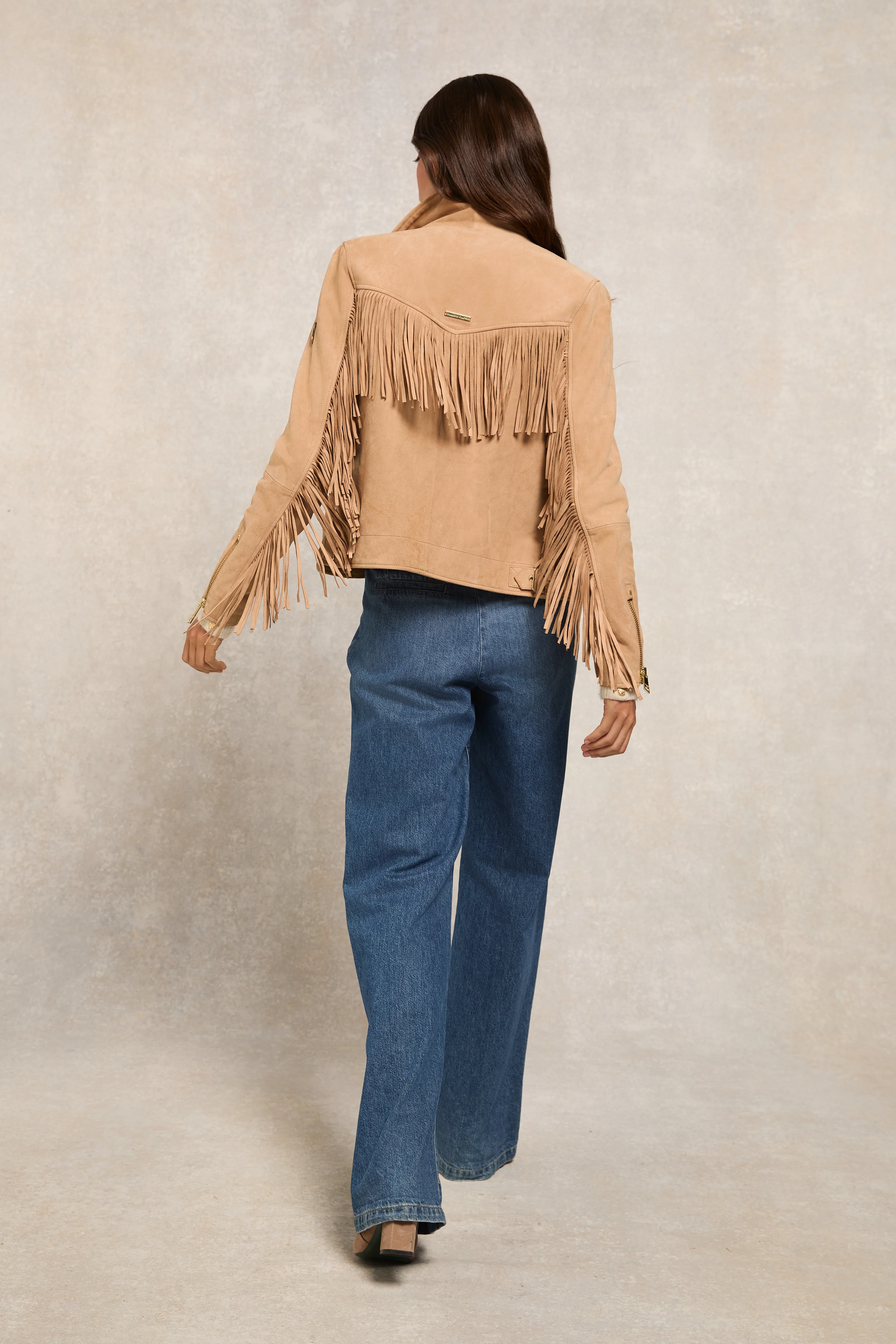 Fringed Suede Biker Jacket (Camel)