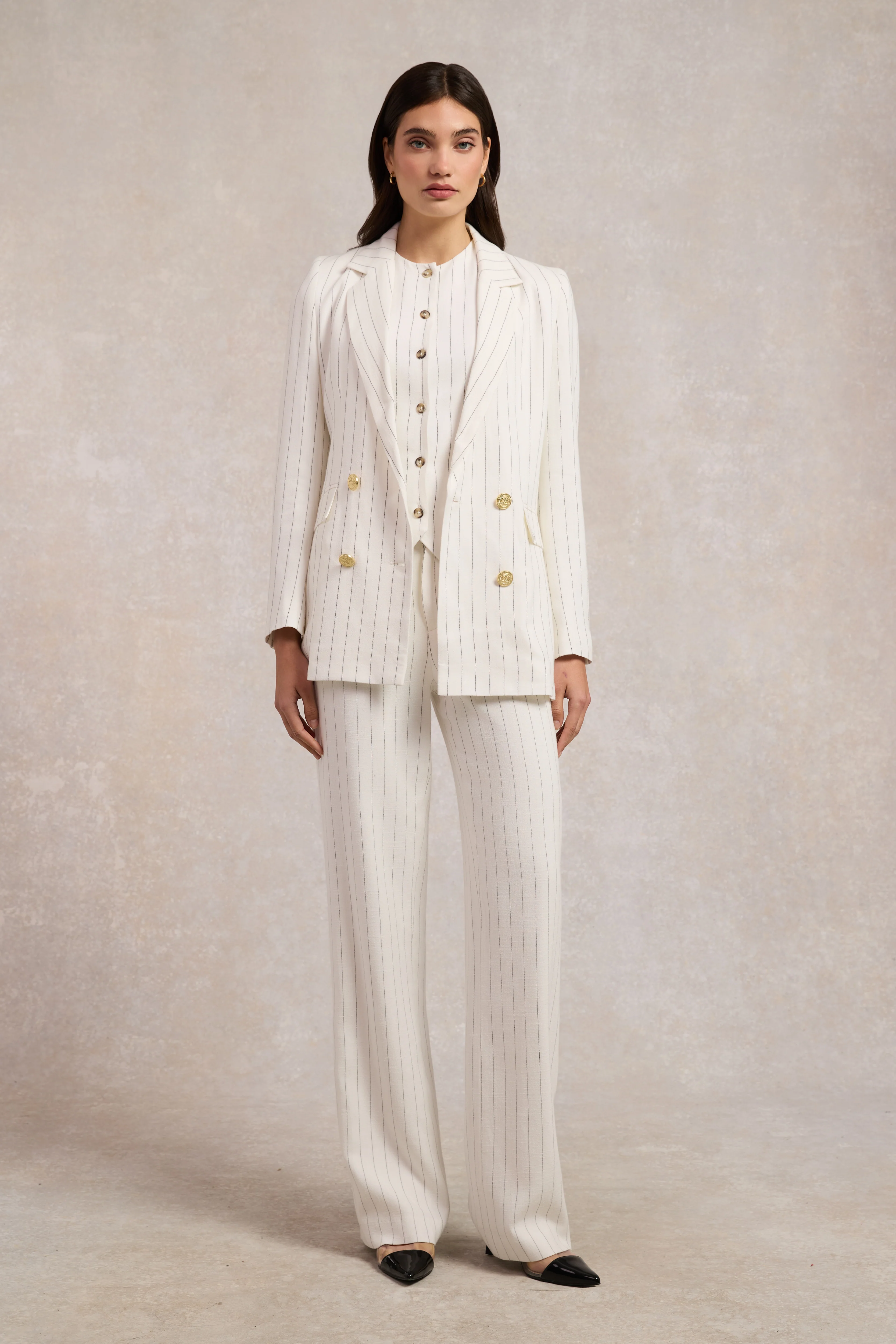 Double Breasted Blazer (Oyster Linen Pinstripe)