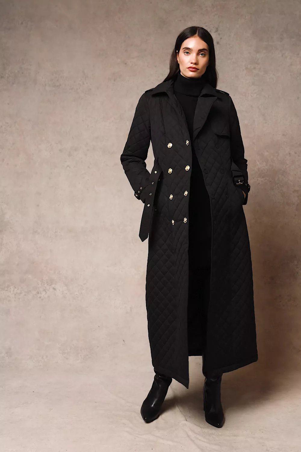 Full Length Enstone Quilted Trench Coat (Black)