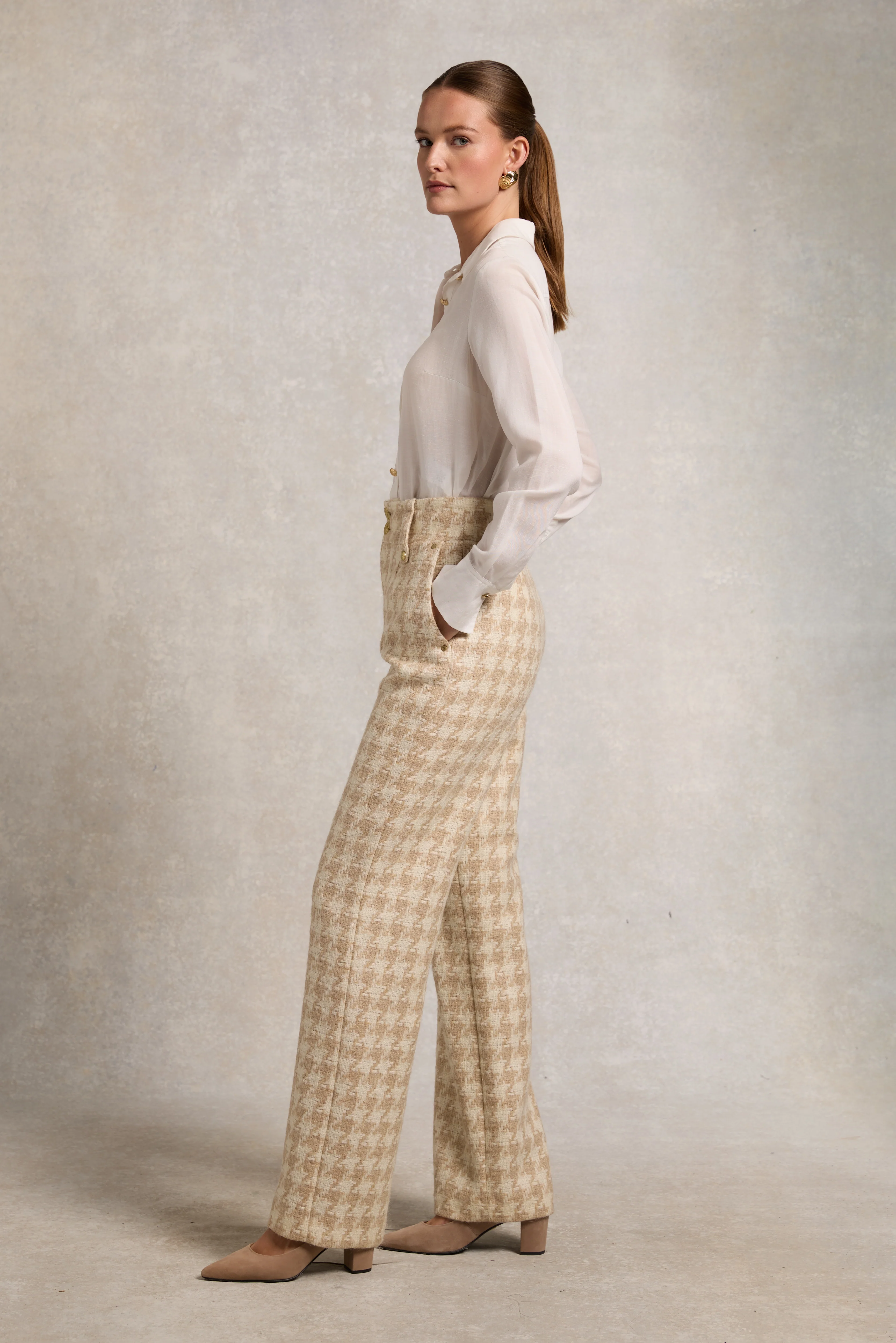 High Waisted Straight Trouser (Camel Houndstooth)