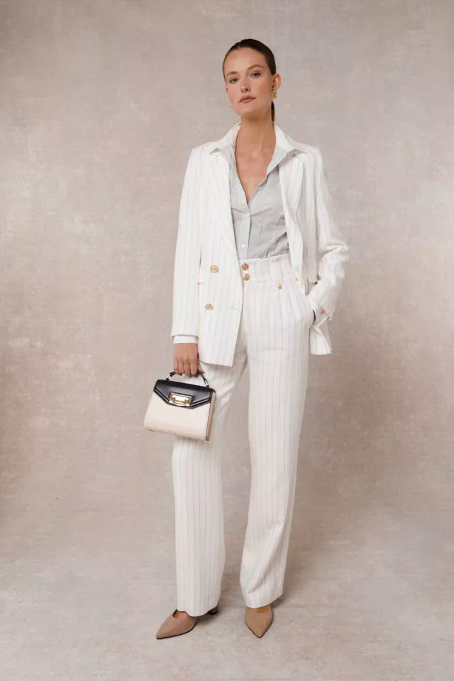 High Waisted Straight Trouser (Oyster Linen Pinstripe)