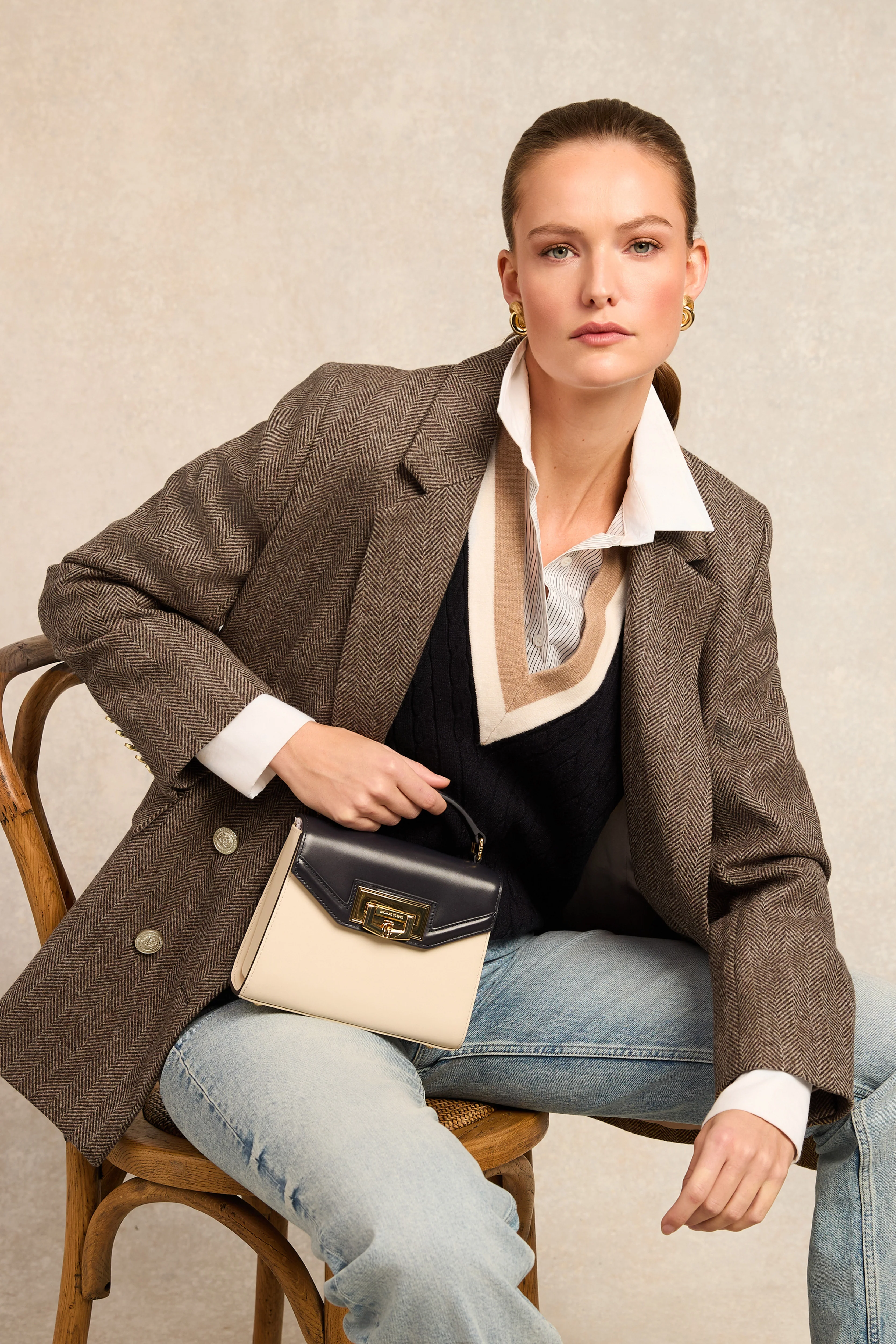 Double Breasted Blazer (Large Scale Brown Herringbone)