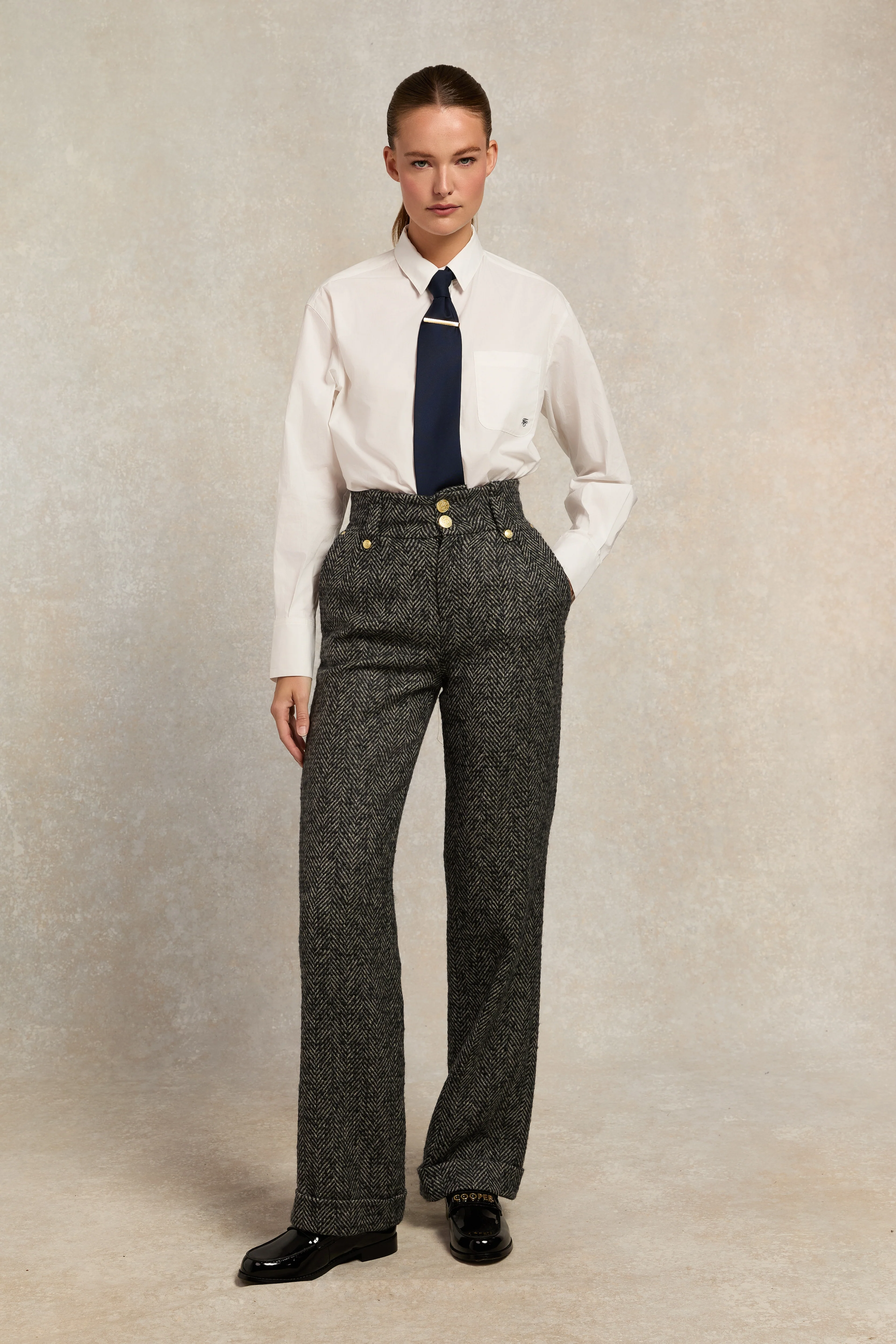 High Waisted Wide Leg Trouser (Ebony Herringbone)