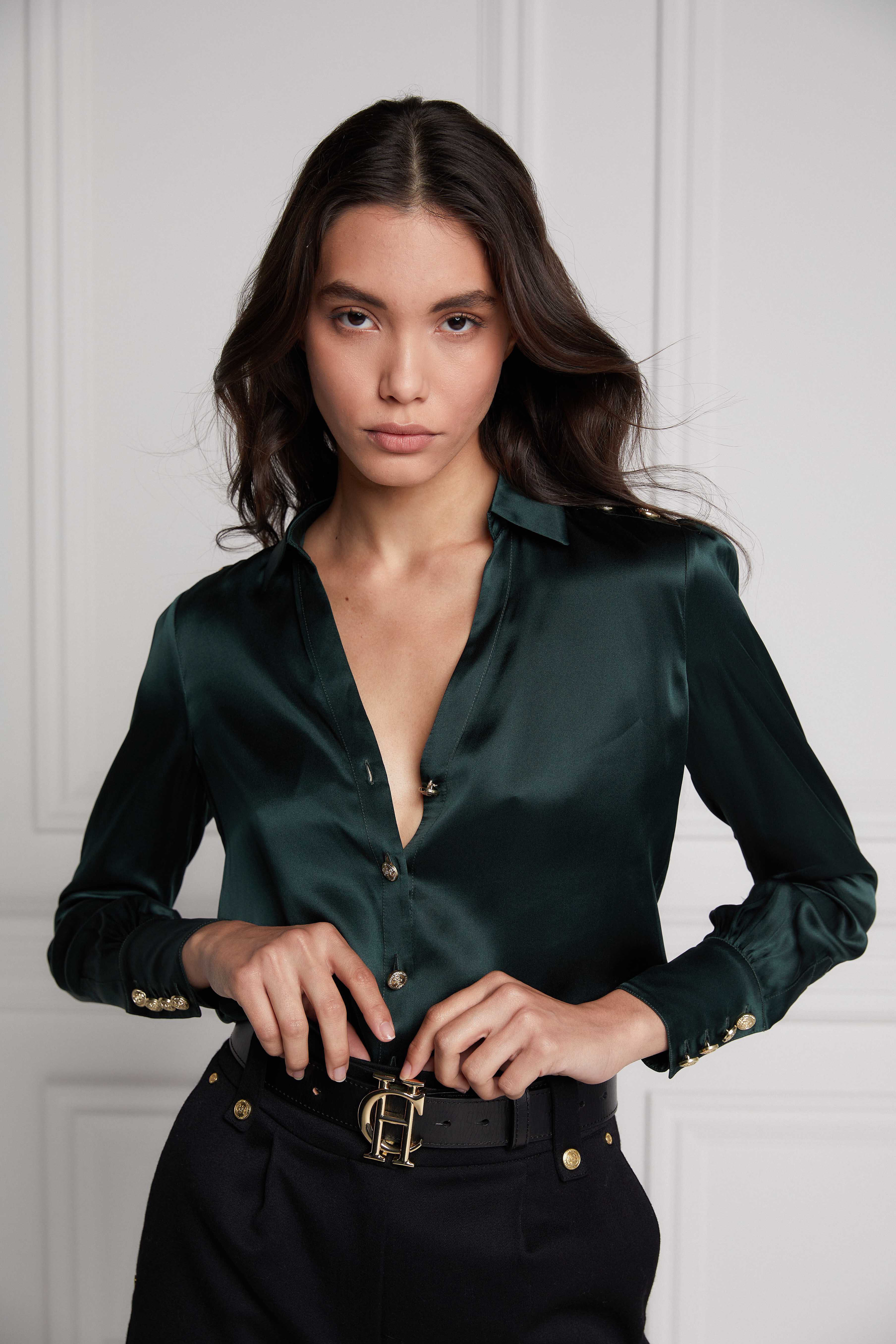 Silk V-Neck Blouse (Emerald)