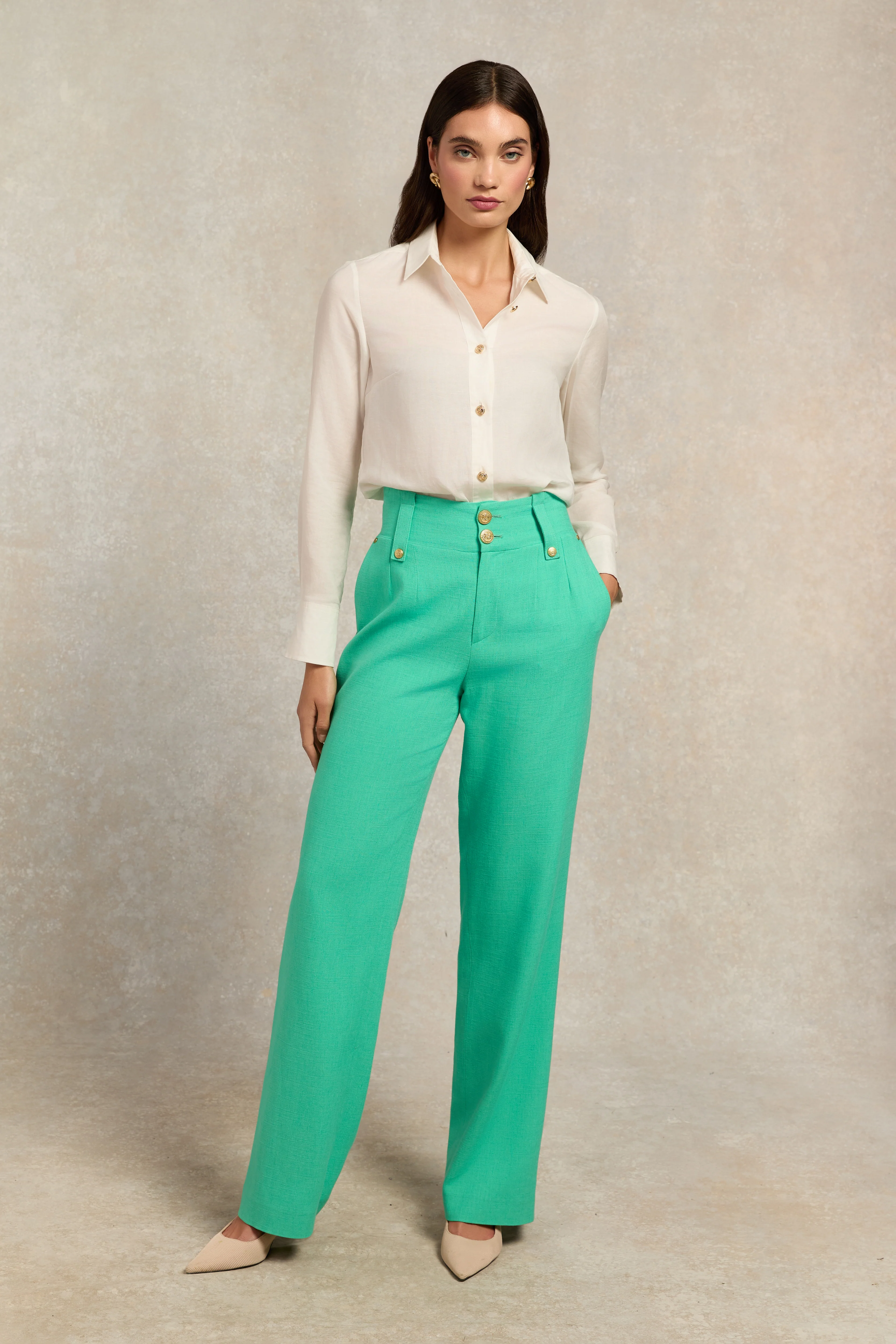 High Waisted Straight Trouser (Jade Linen)