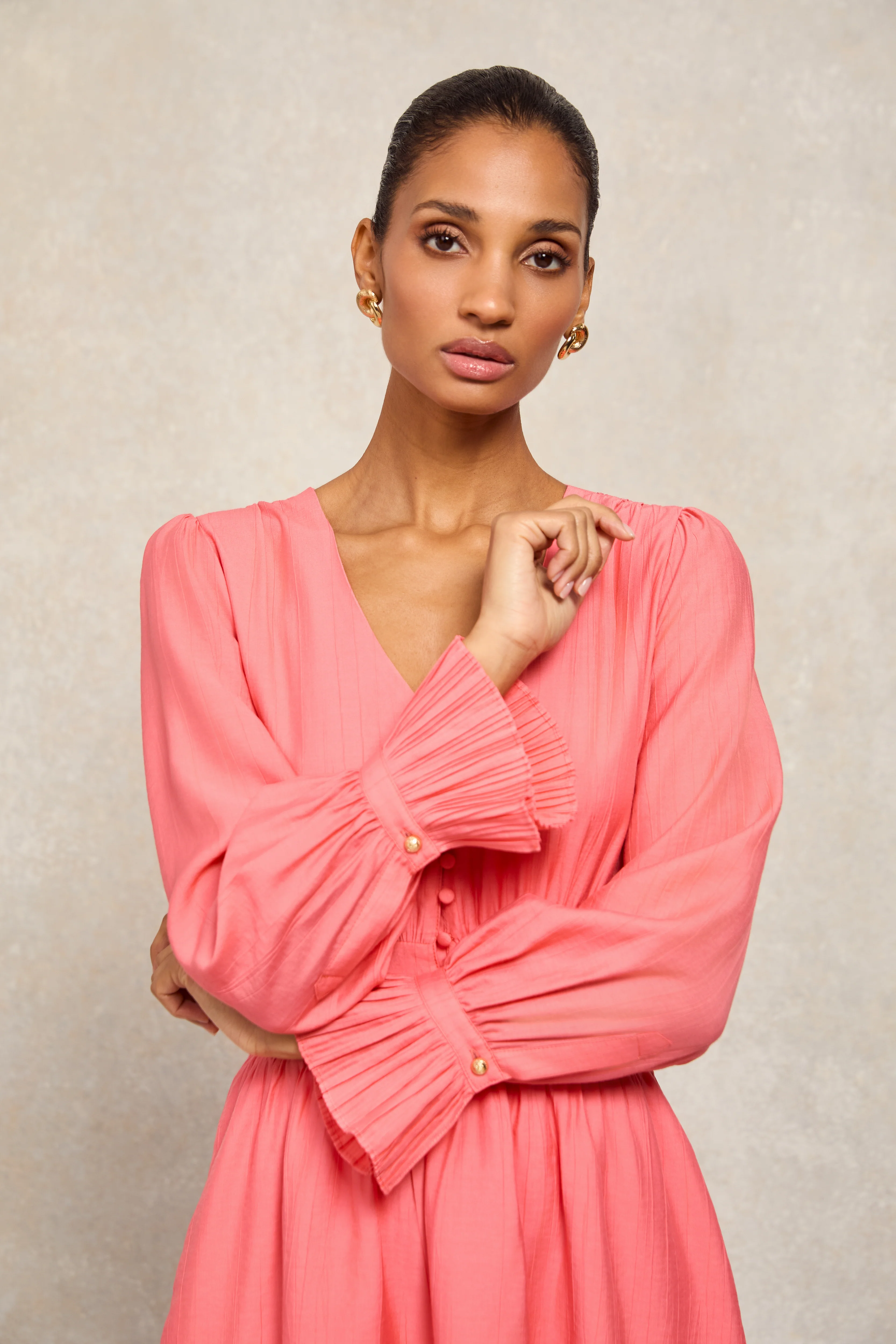 Phoebe V-Neck Mini Dress (Coral)