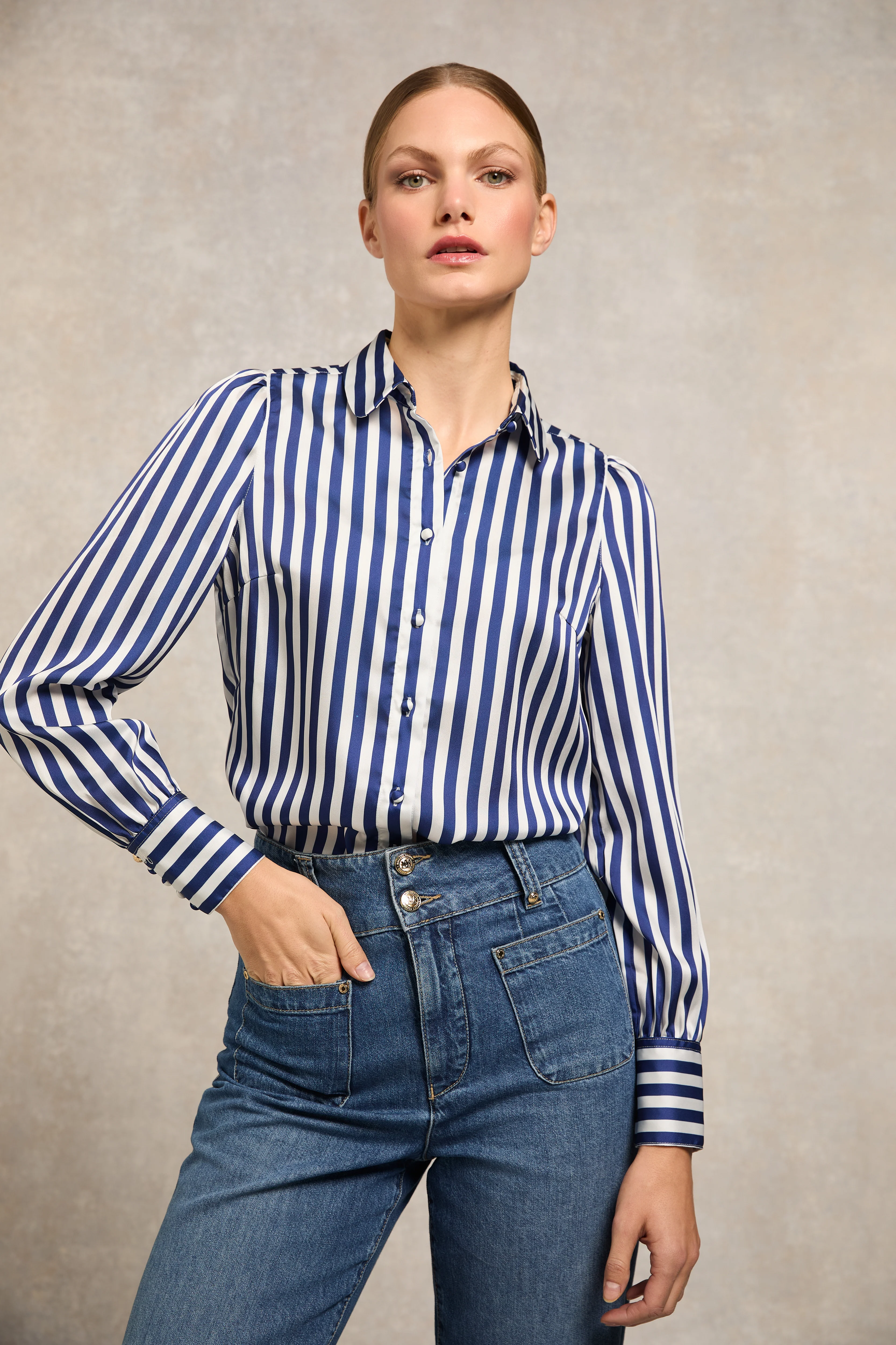 Isla Satin Shirt (Navy Stripe)