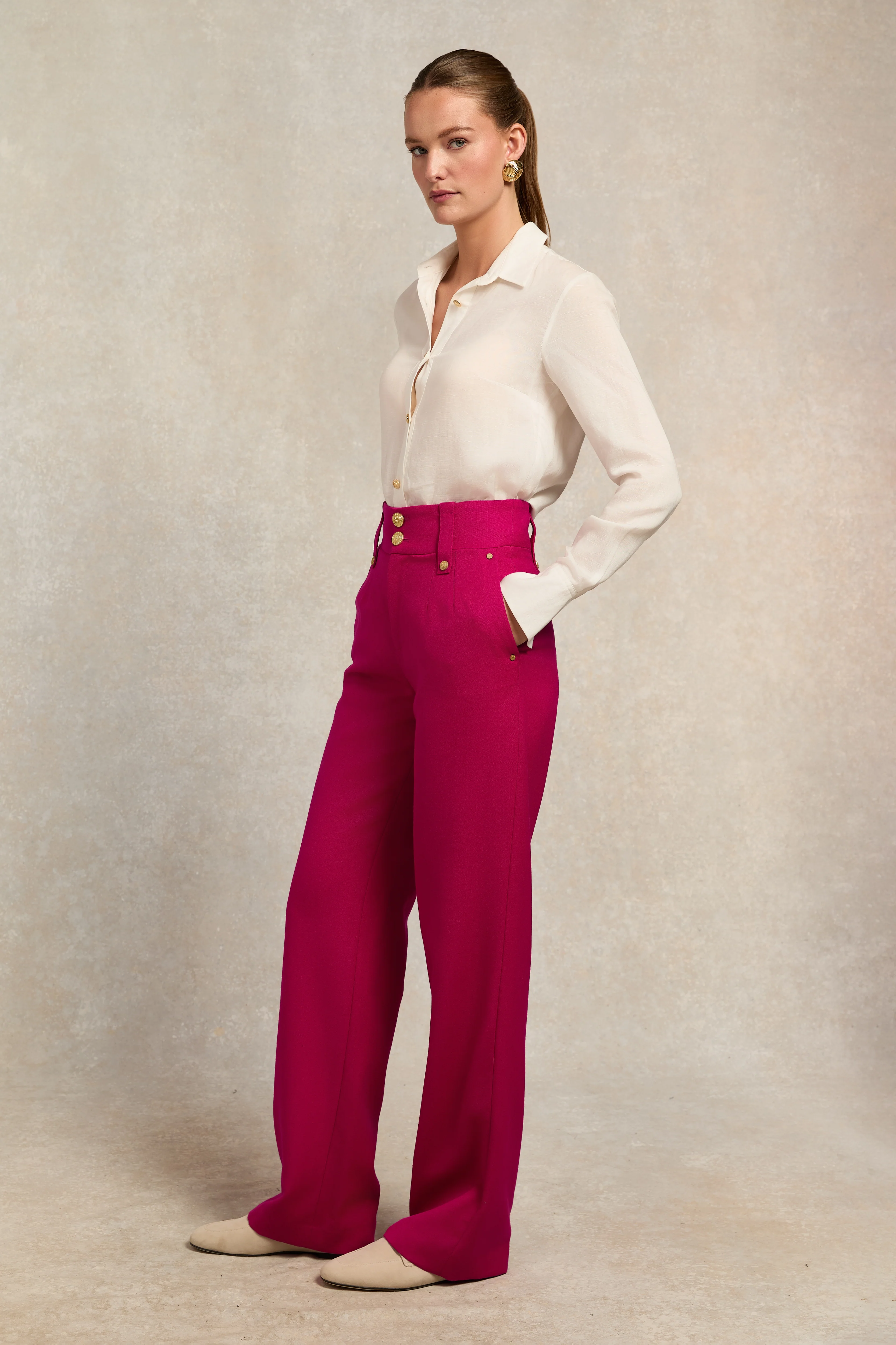 High Waisted Straight Trouser (Hot Pink Barathea)