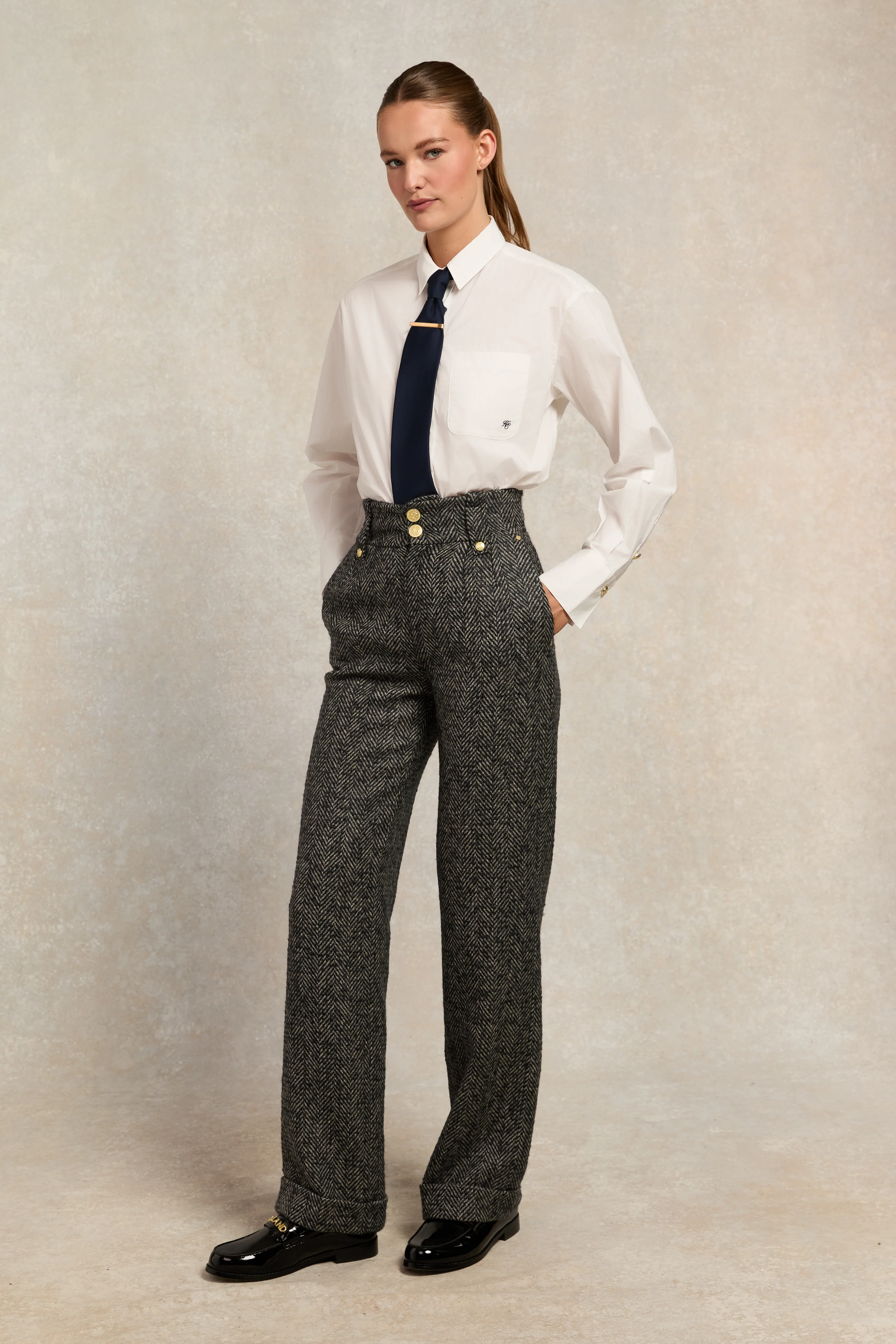 High Waisted Wide Leg Trouser (Ebony Herringbone)