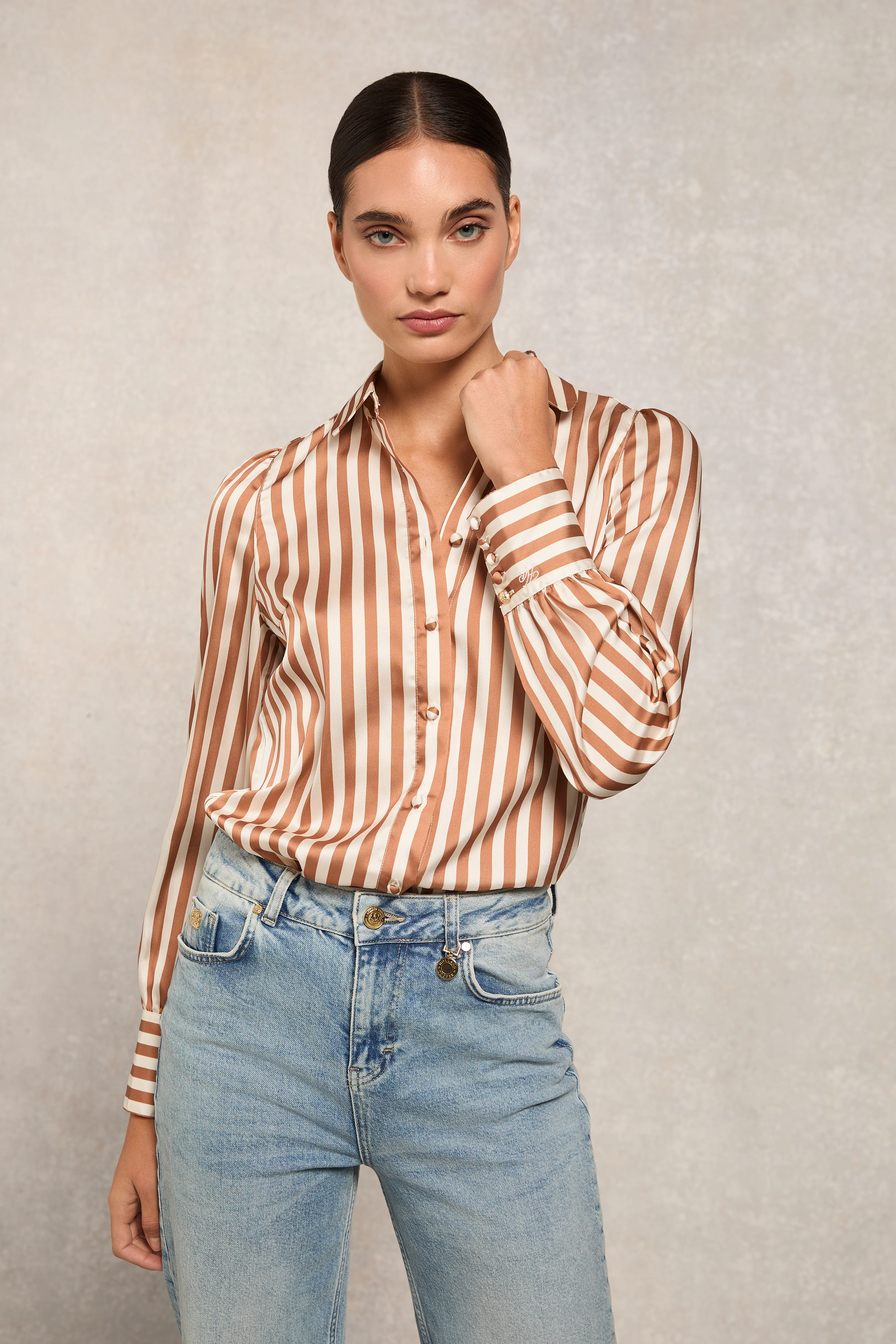 Isla Satin Shirt (Terracotta Stripe)