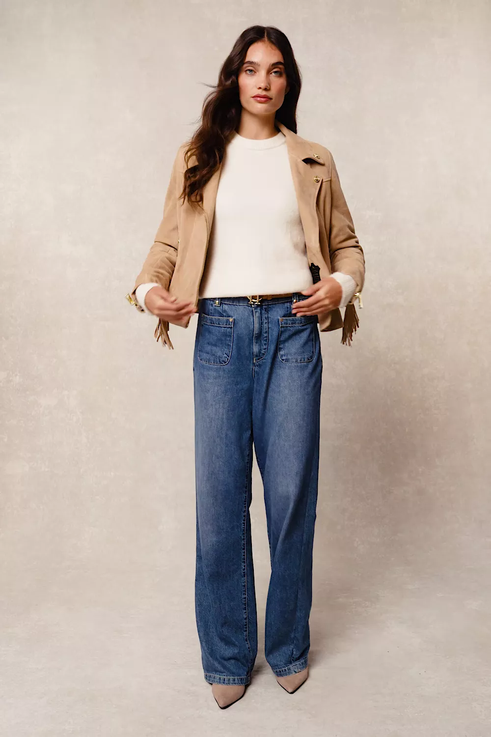 Fringed Suede Biker Jacket (Camel)