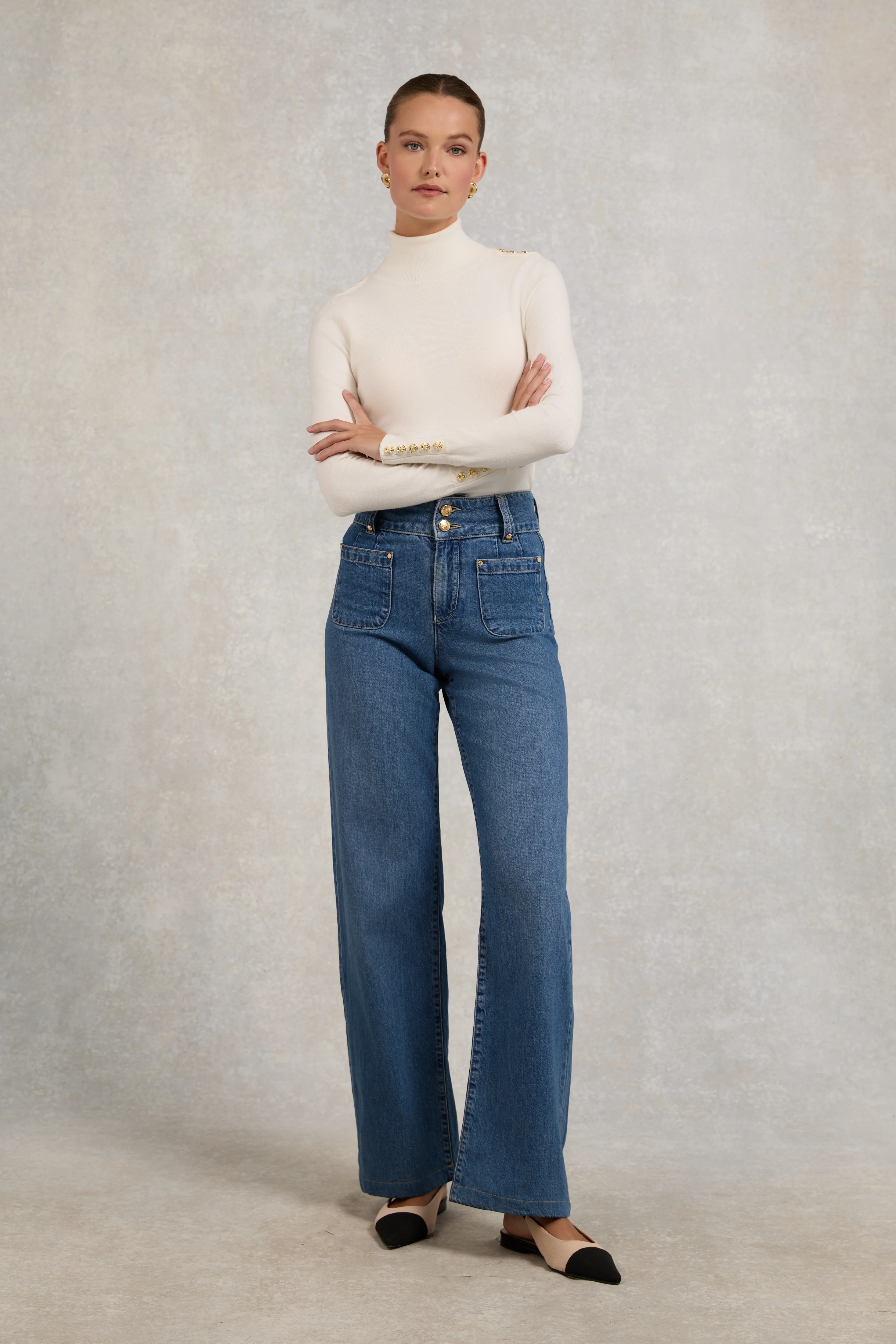 Buttoned Knit Roll Neck (Cream)