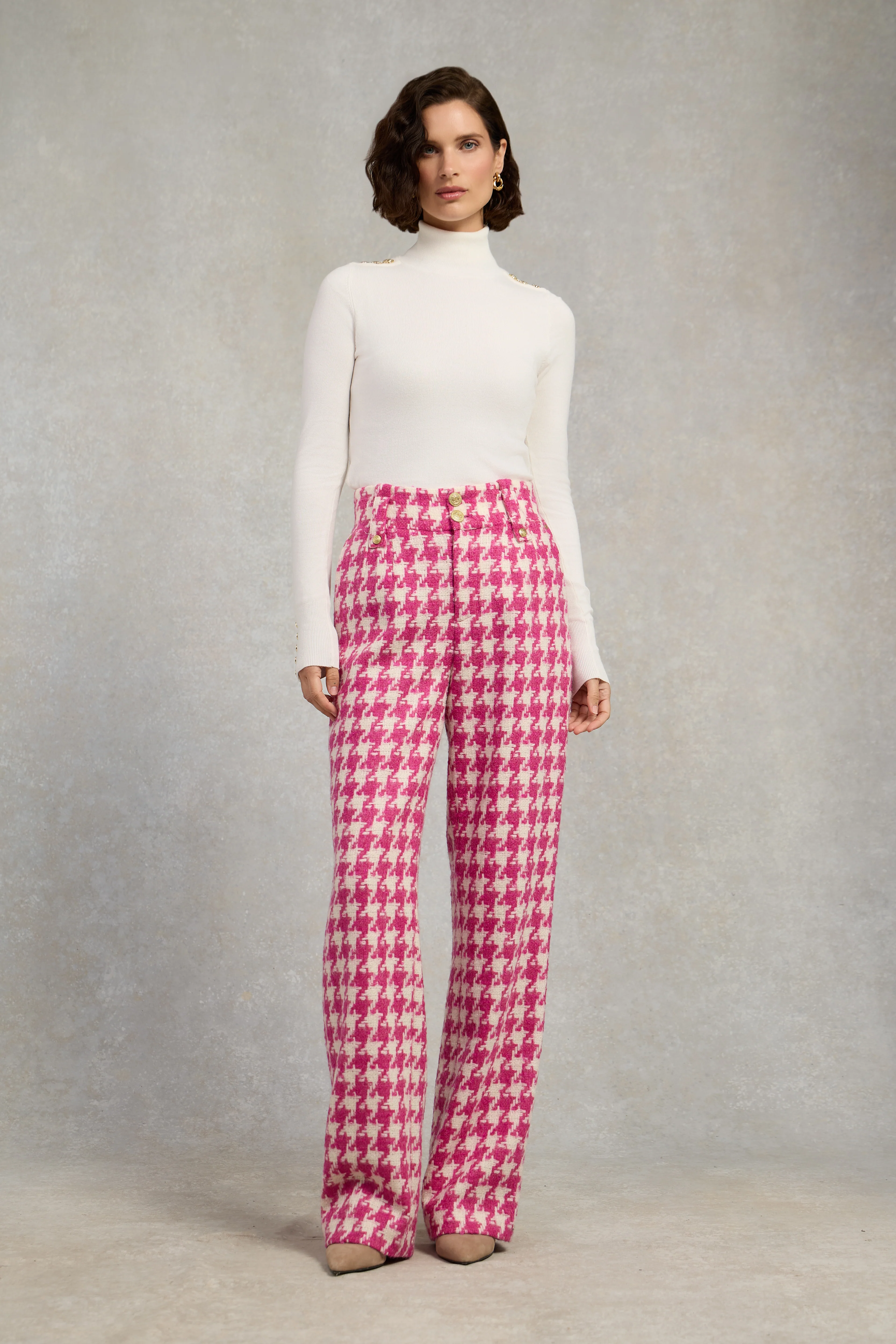 High Waisted Straight Trouser (Hot Pink Large Scale Houndstooth)