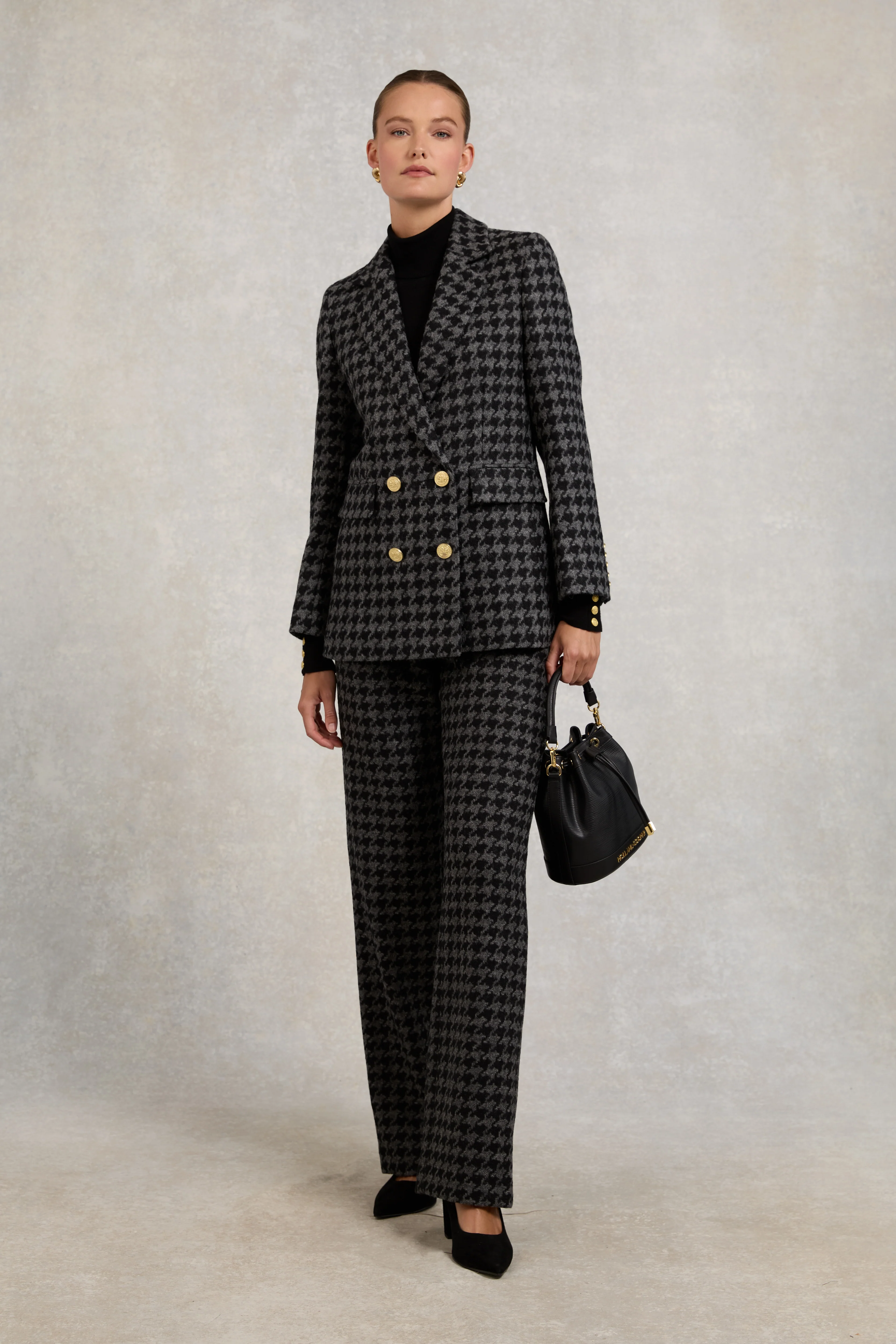 High Waisted Straight Trouser (Large Scale Charcoal Houndstooth)