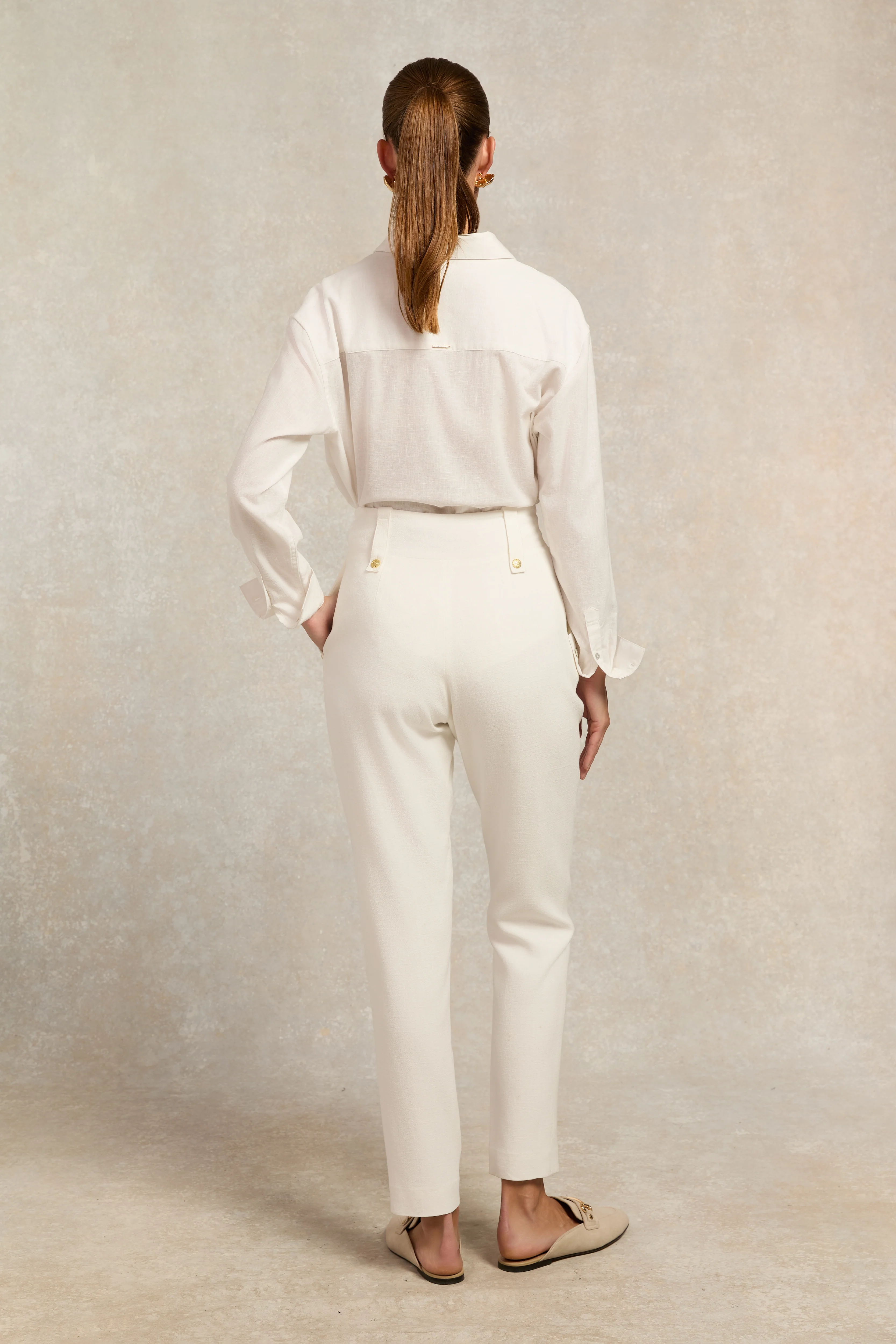 High Waisted Peg Trouser (Oyster Linen)