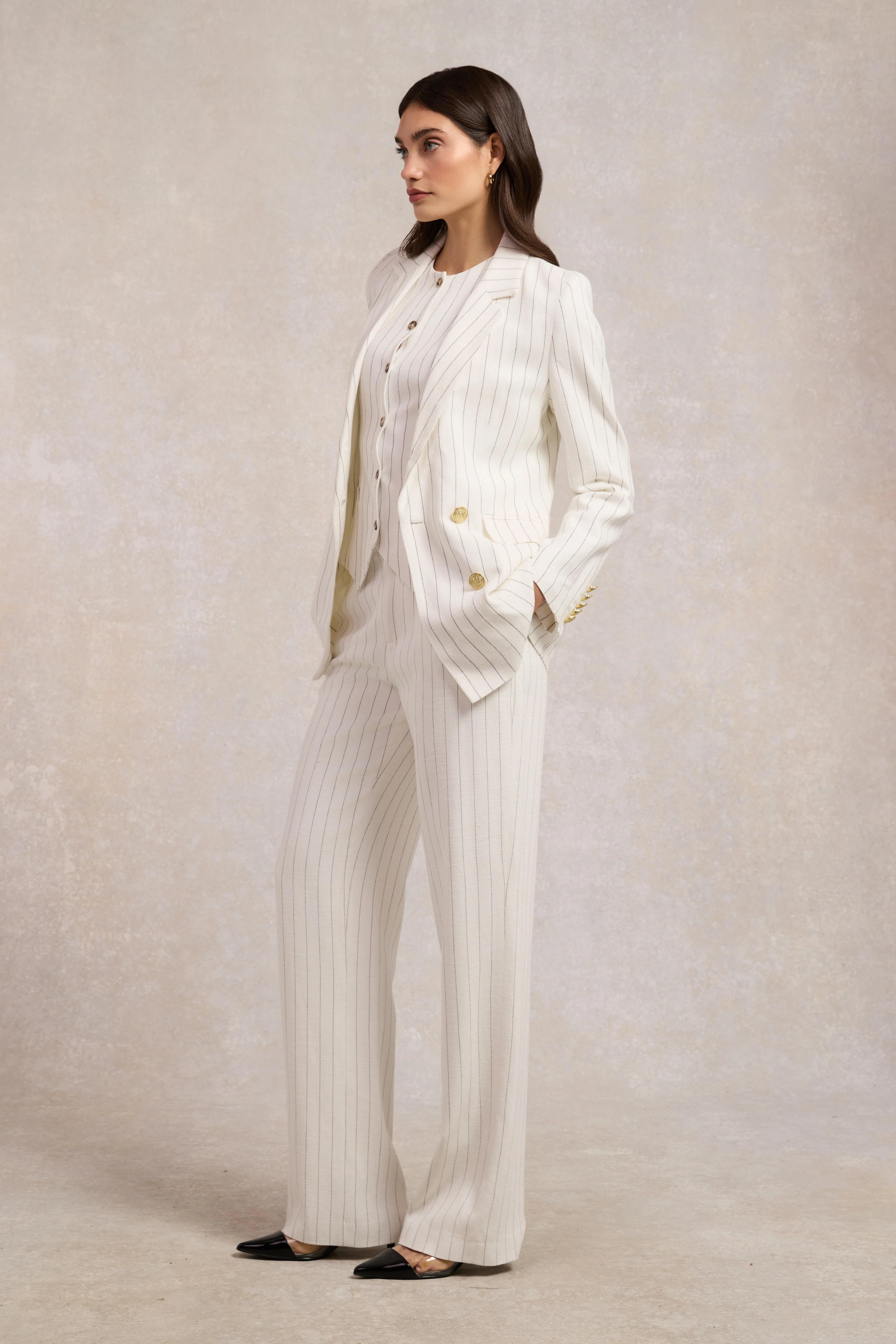 Double Breasted Blazer (Oyster Linen Pinstripe)