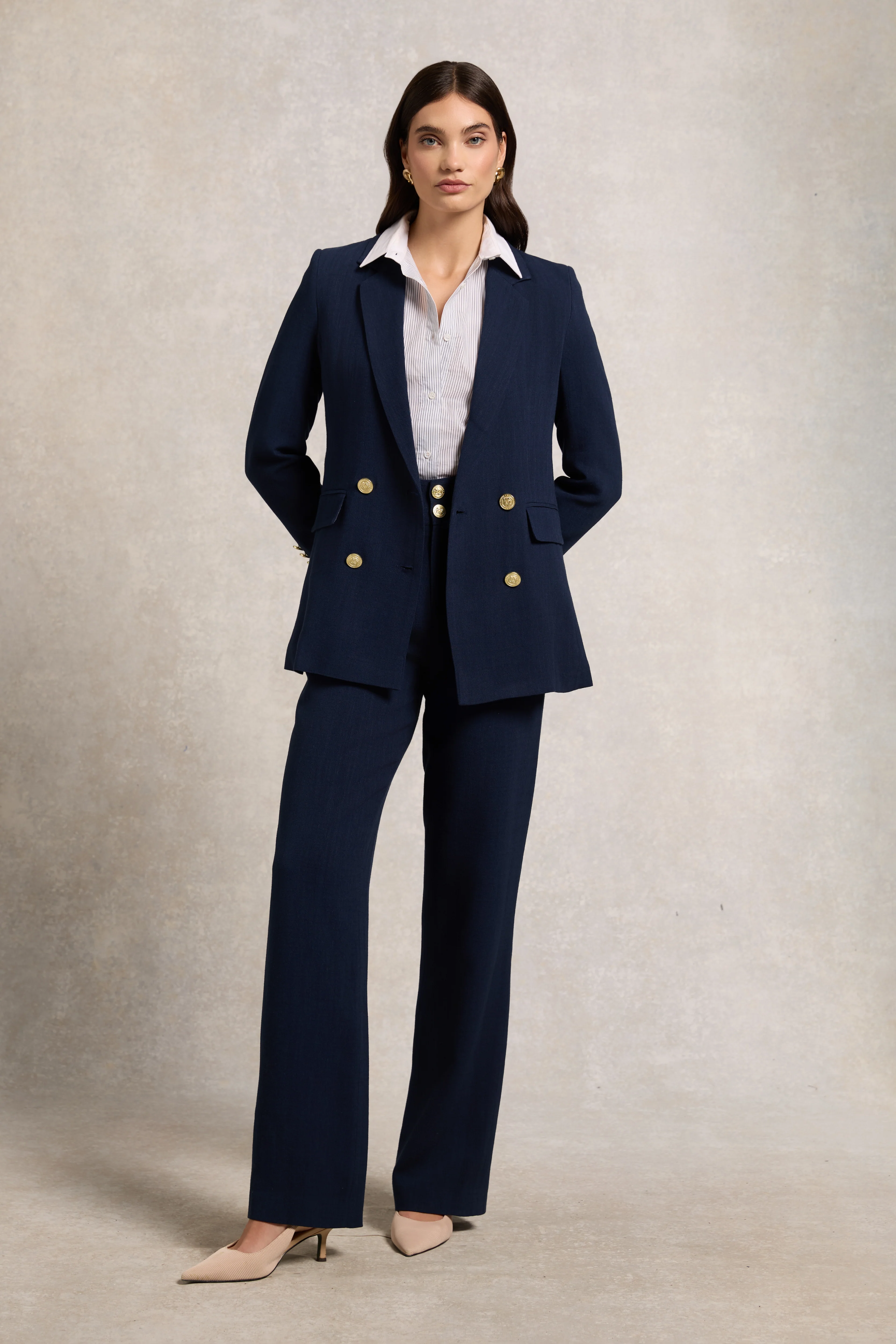 High Waisted Straight Trouser (Navy Linen)