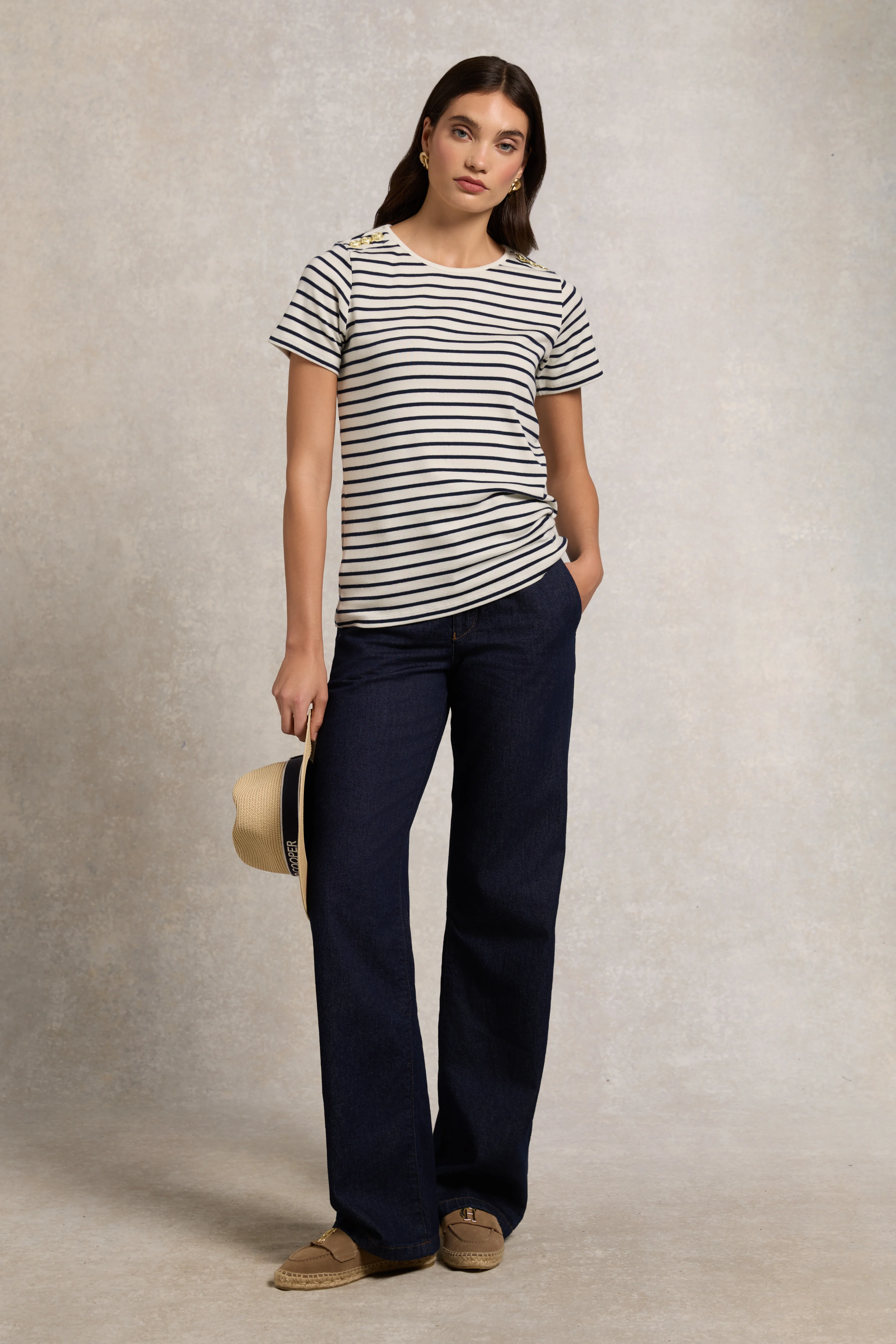 Padstow Crew Neck Tee (Natural Ink Navy Stripe)