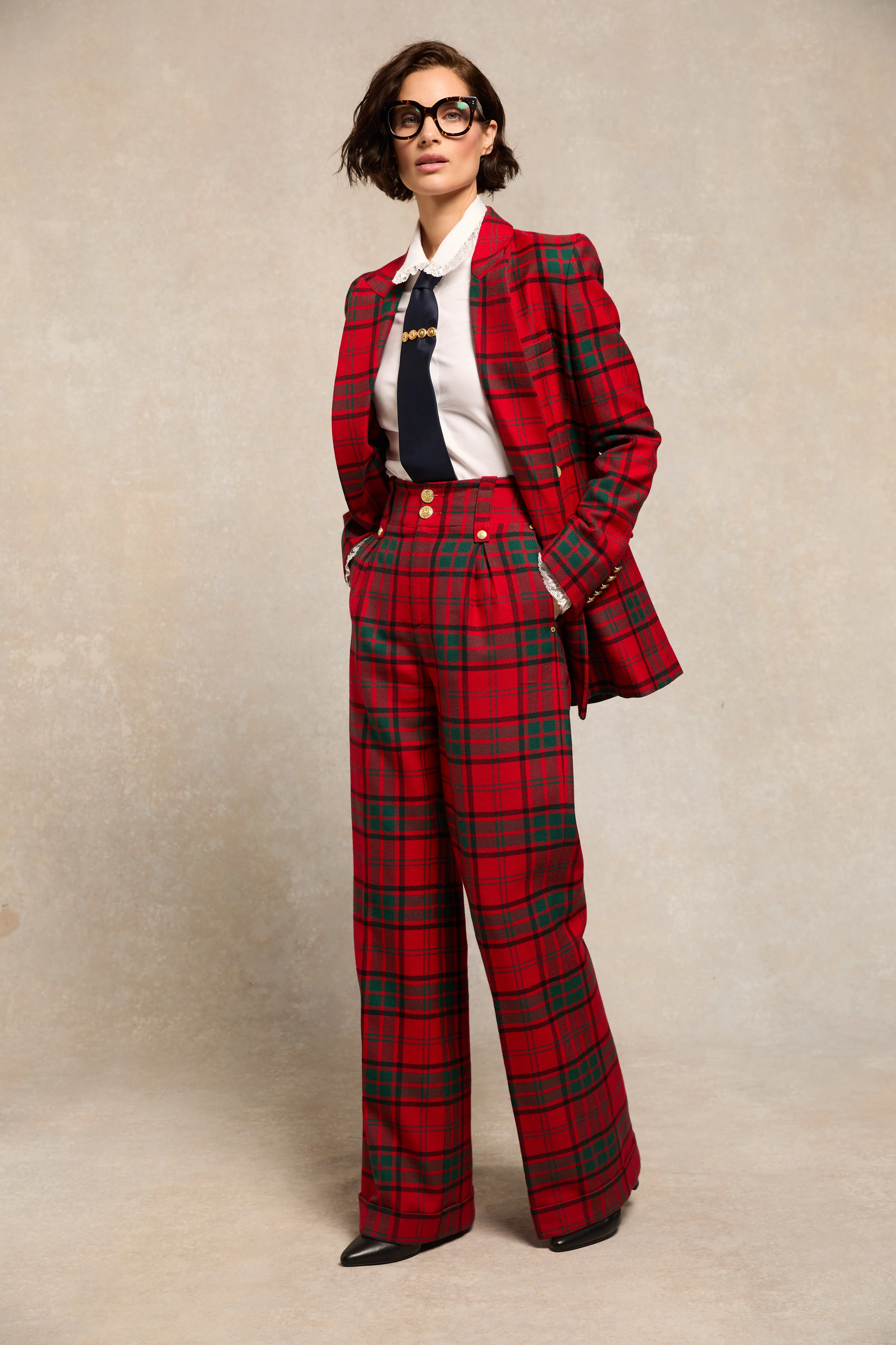 High Waisted Wide Leg Trouser - Turn Up (Red Tartan)