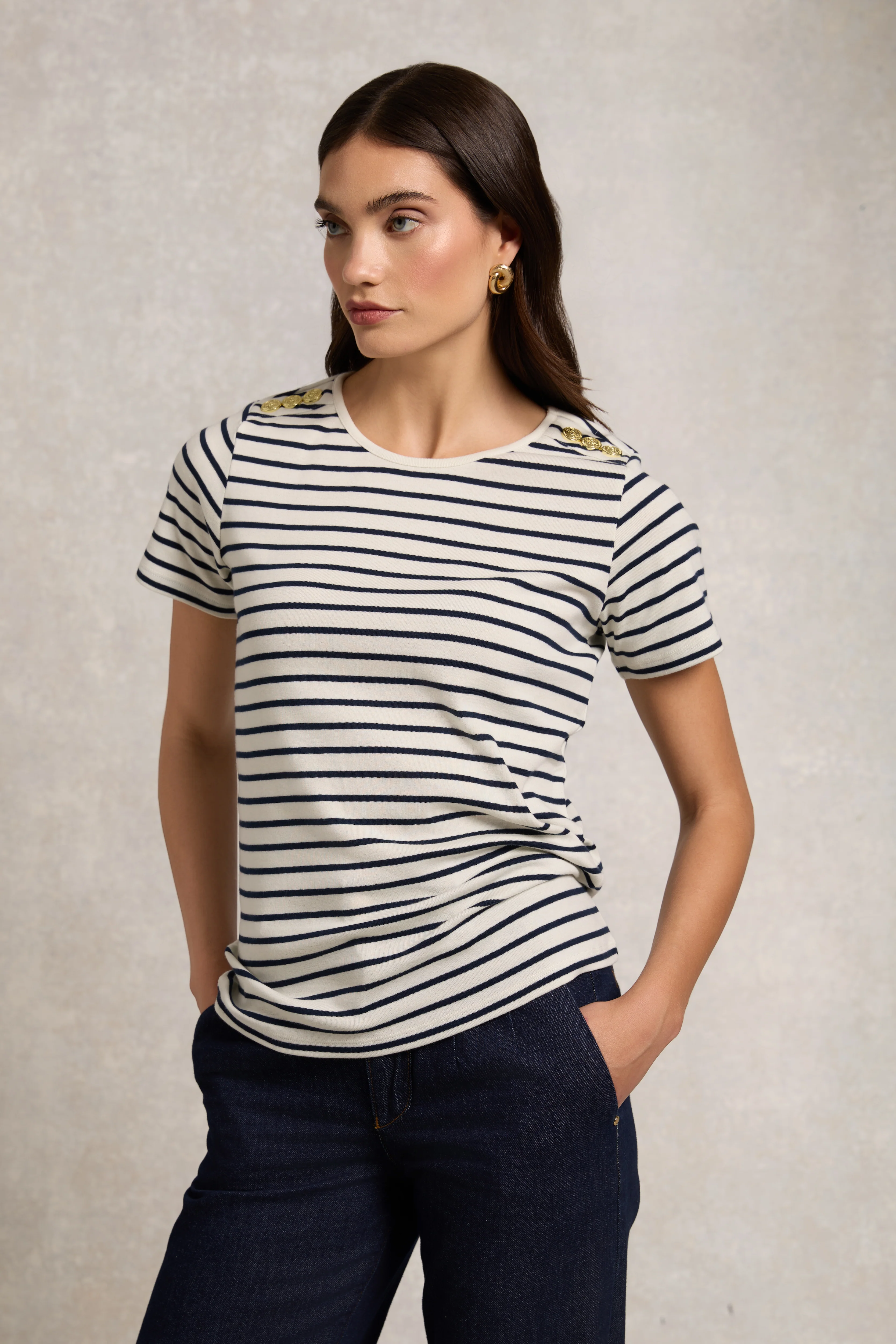 Padstow Crew Neck Tee (Natural Ink Navy Stripe)