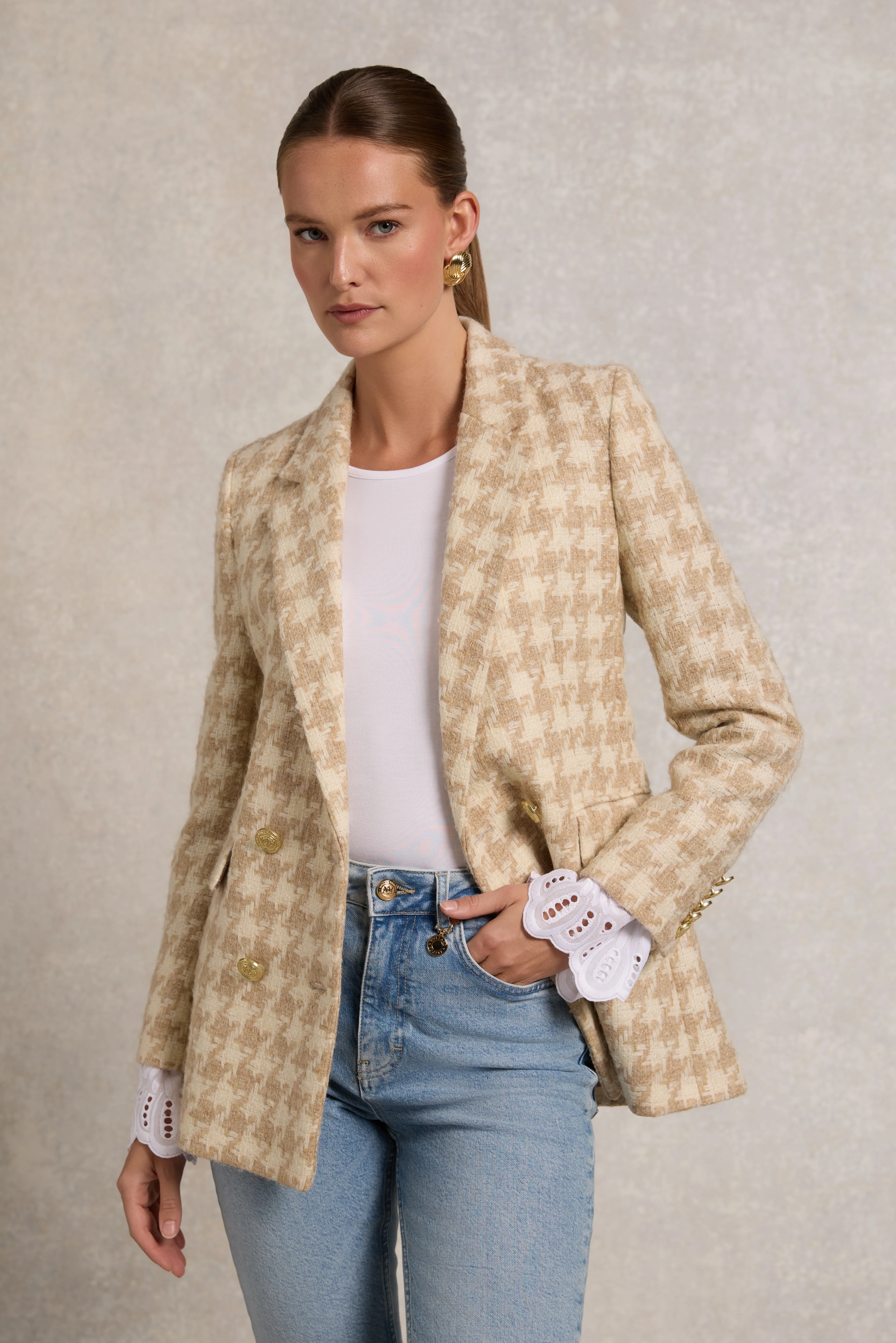 Double Breasted Blazer (Camel Houndstooth)