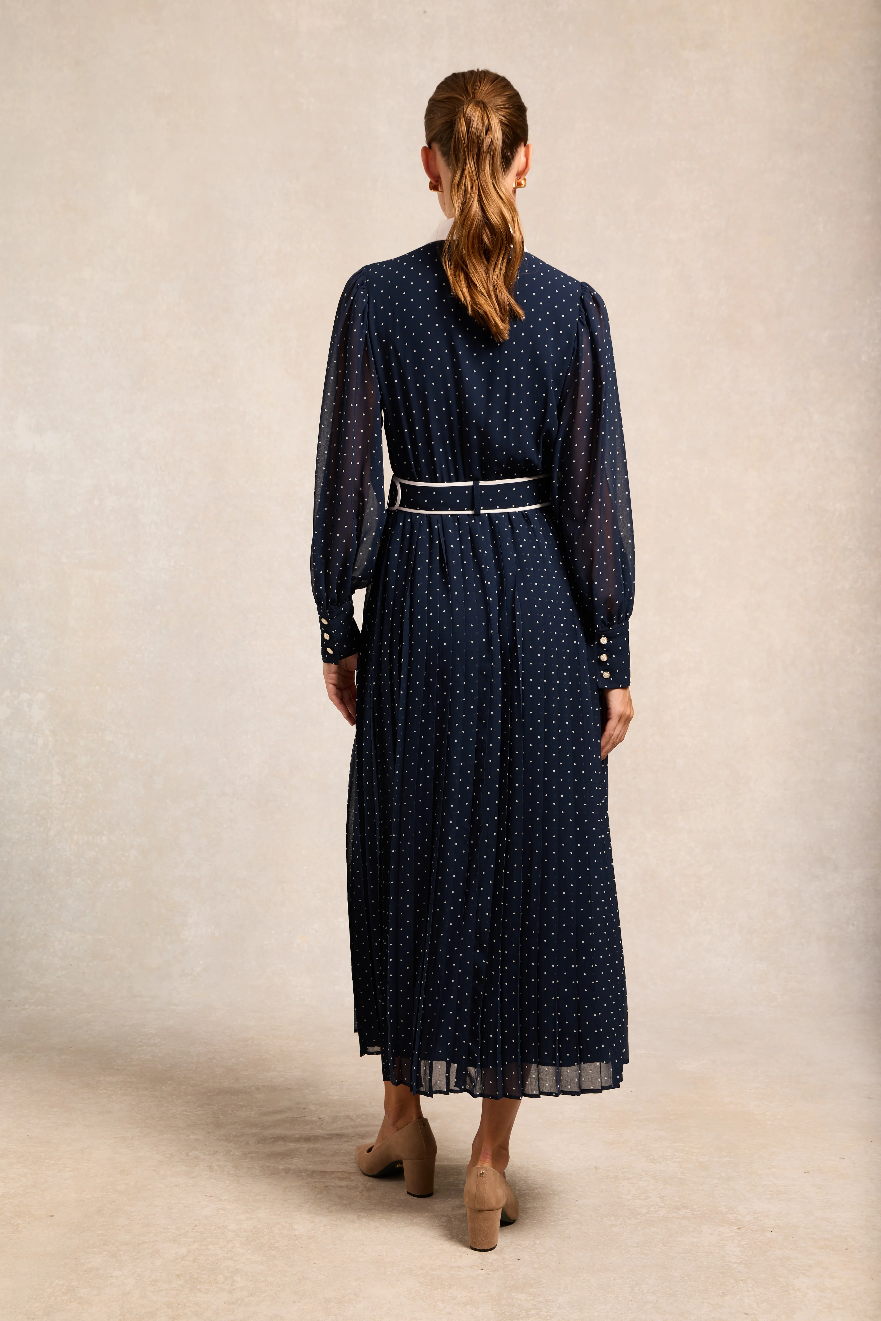 Annabel Pleated Maxi Dress (Ink Navy Polka Dot)