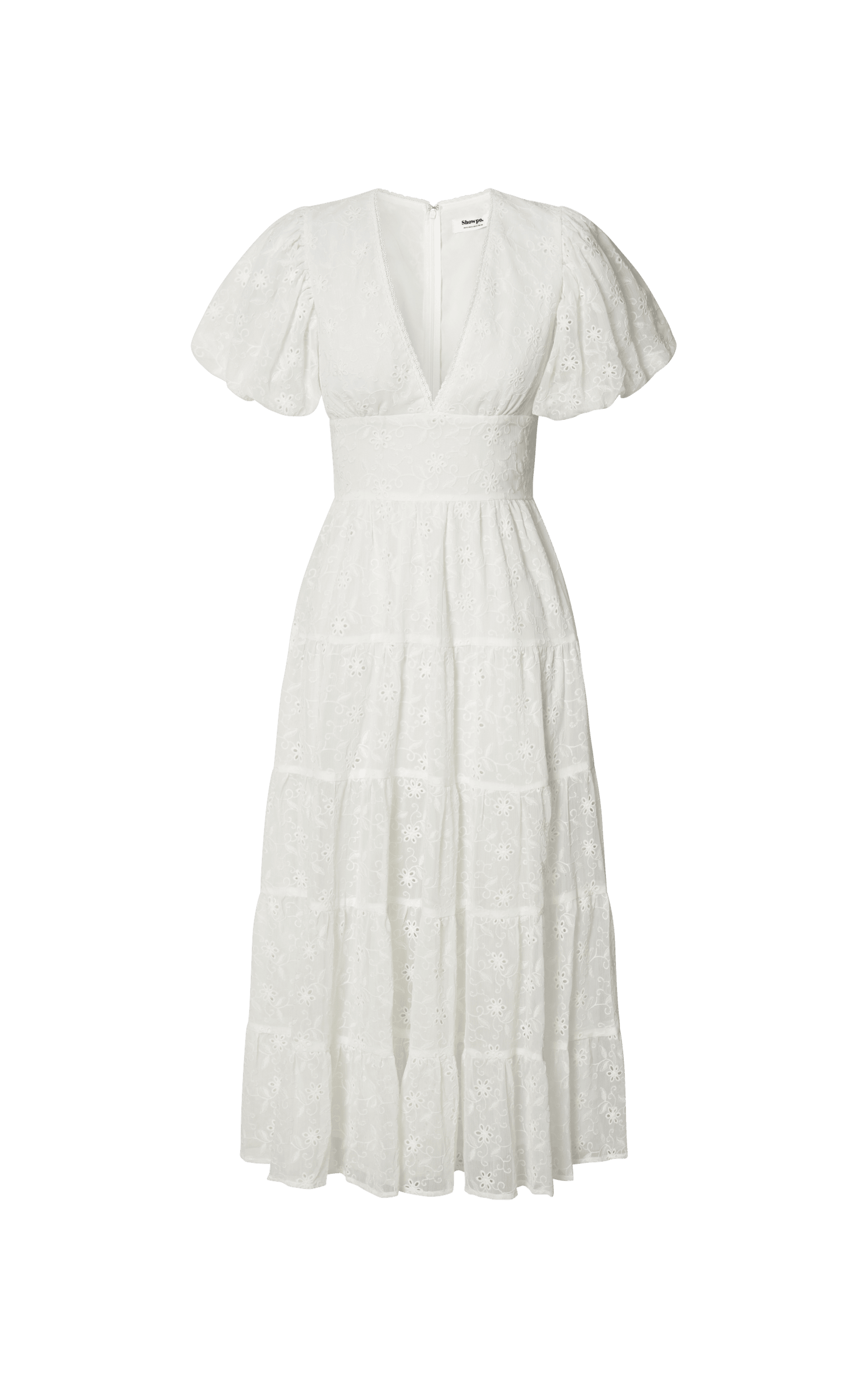 Divora Midi Dress – Ivory Tiered A-Line Dress with Plunge Neck & Balloon Sleeves