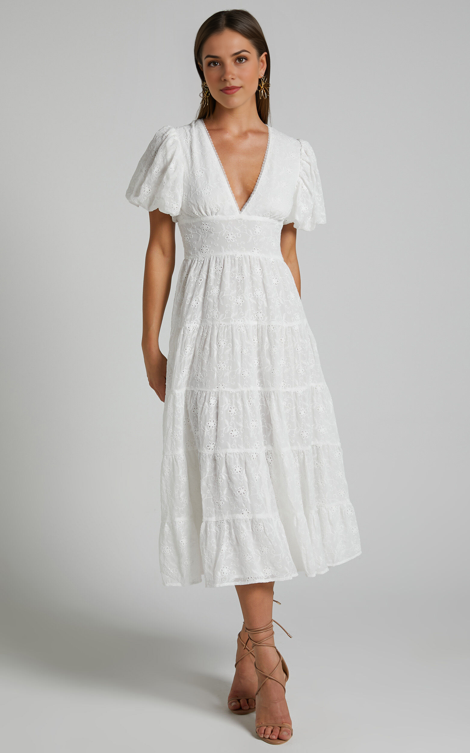 Divora Midi Dress – Ivory Tiered A-Line Dress with Plunge Neck & Balloon Sleeves