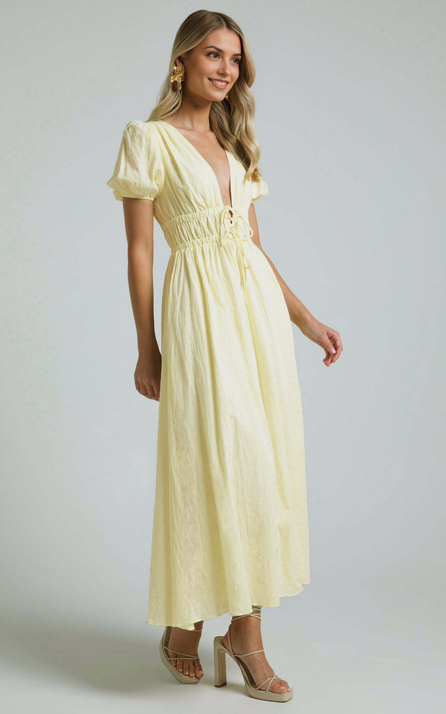 Portofino Midi Dress – Yellow V-Neck Puff Sleeve Midi for Effortless Daytime Style