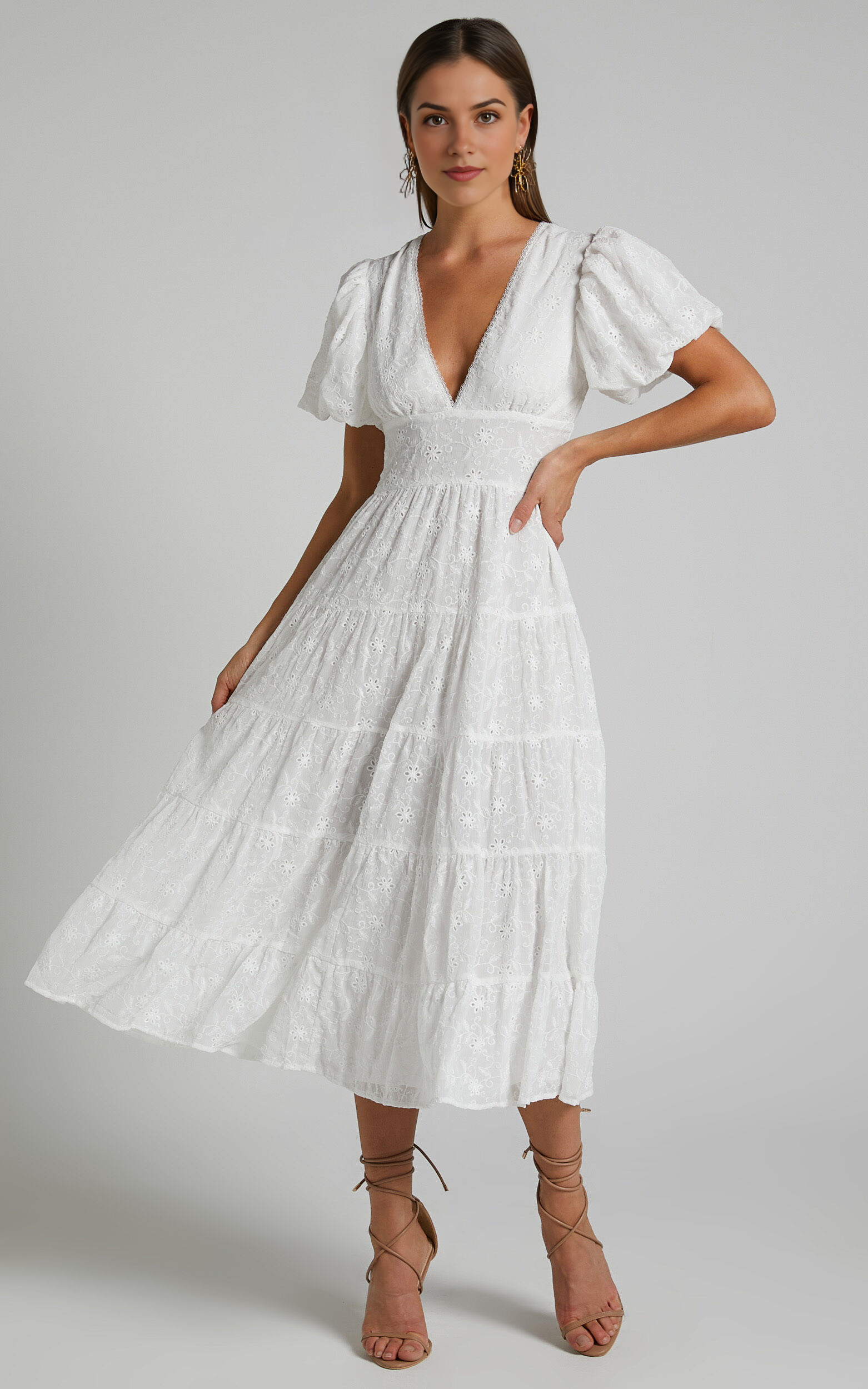 Divora Midi Dress – Ivory Tiered A-Line Dress with Plunge Neck & Balloon Sleeves
