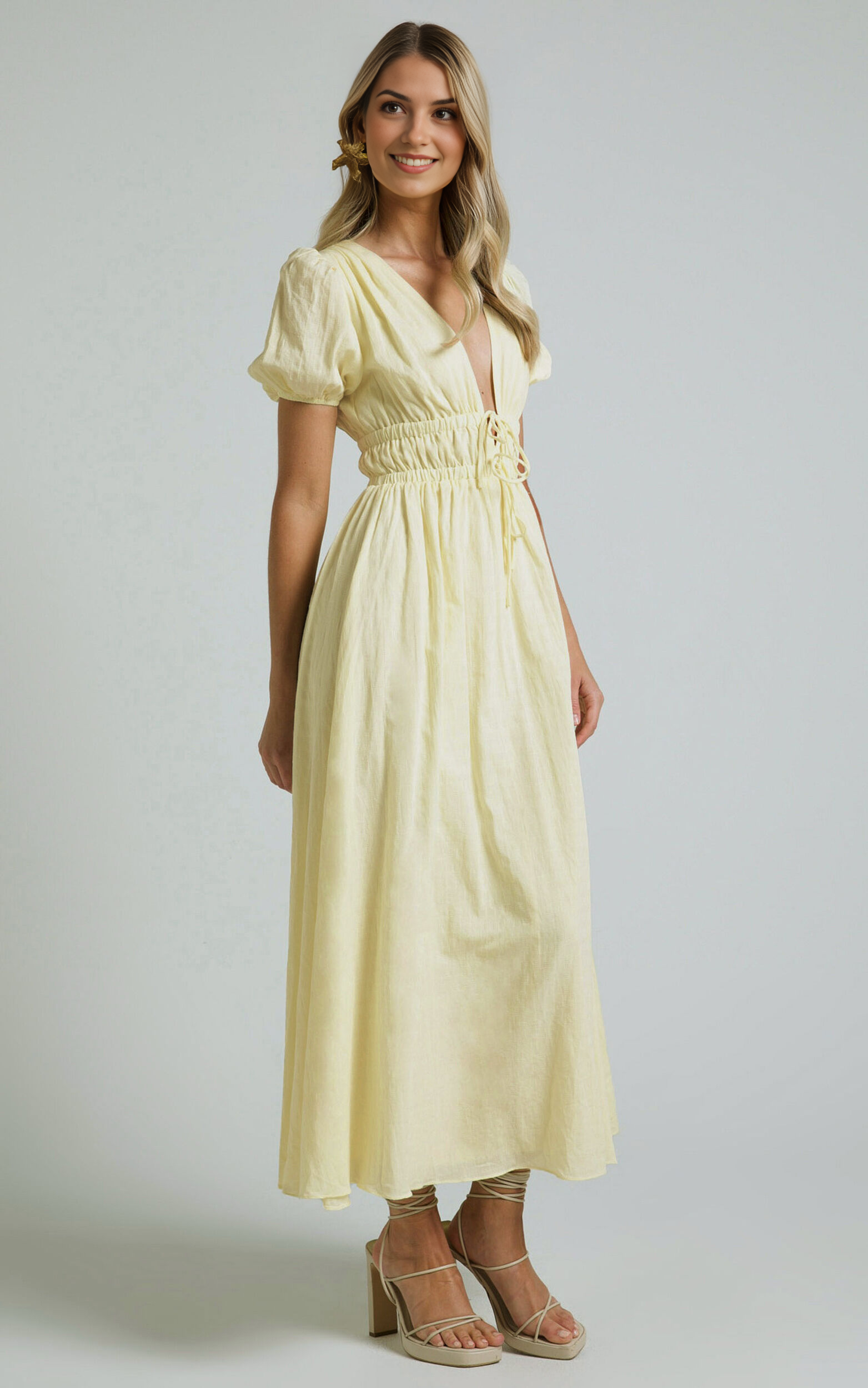 Portofino Midi Dress – Yellow V-Neck Puff Sleeve Midi for Effortless Daytime Style