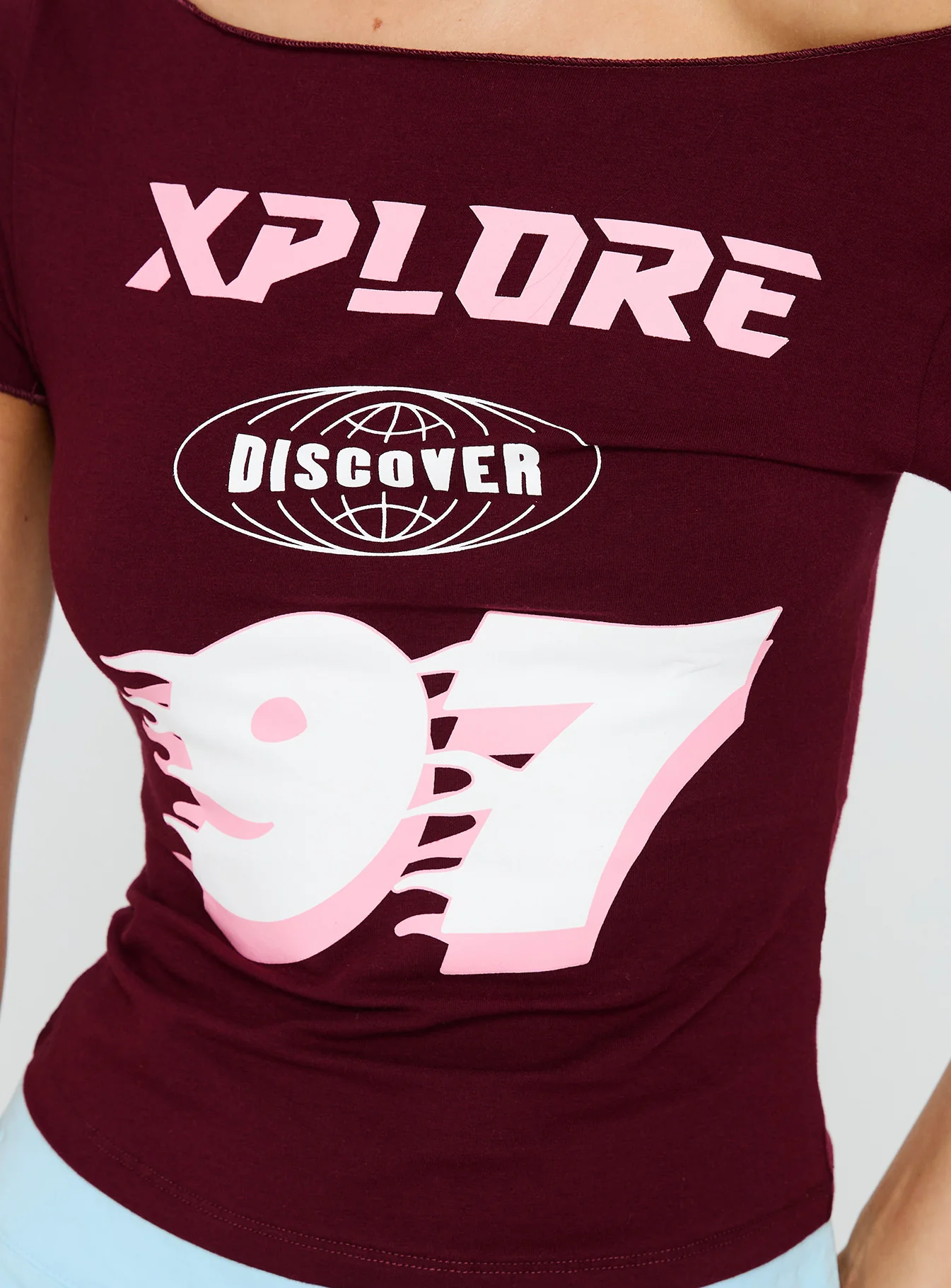 Xplore 97 Off Shoulder Graphic Top Burgundy