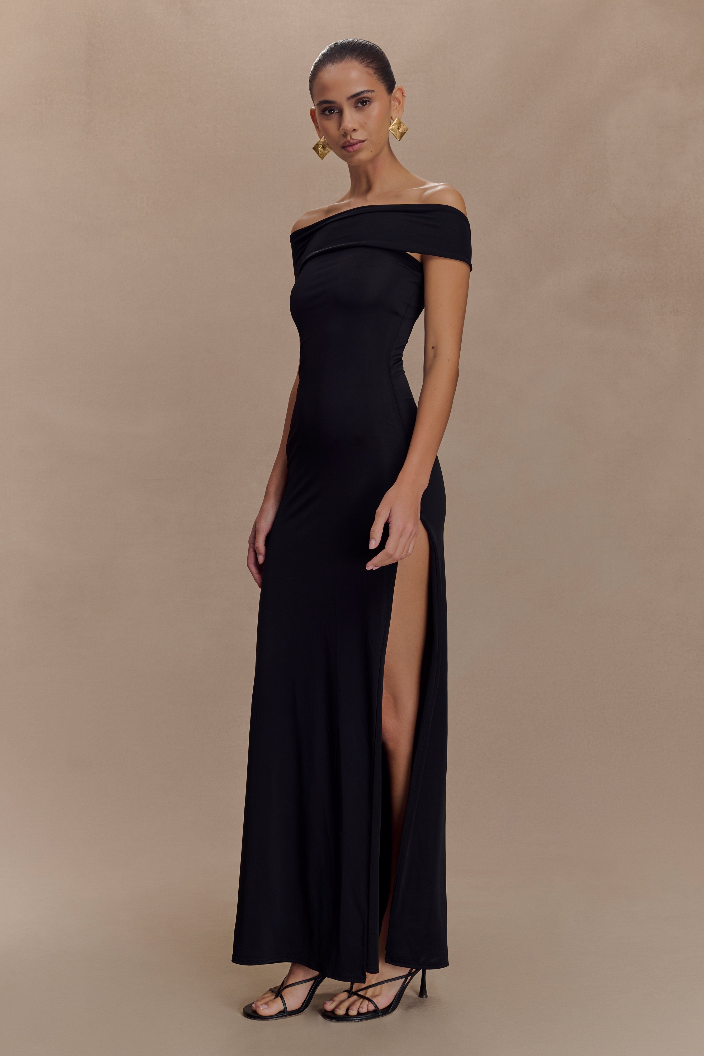 Aurora Slinky And Mesh Split Maxi Dress - Black