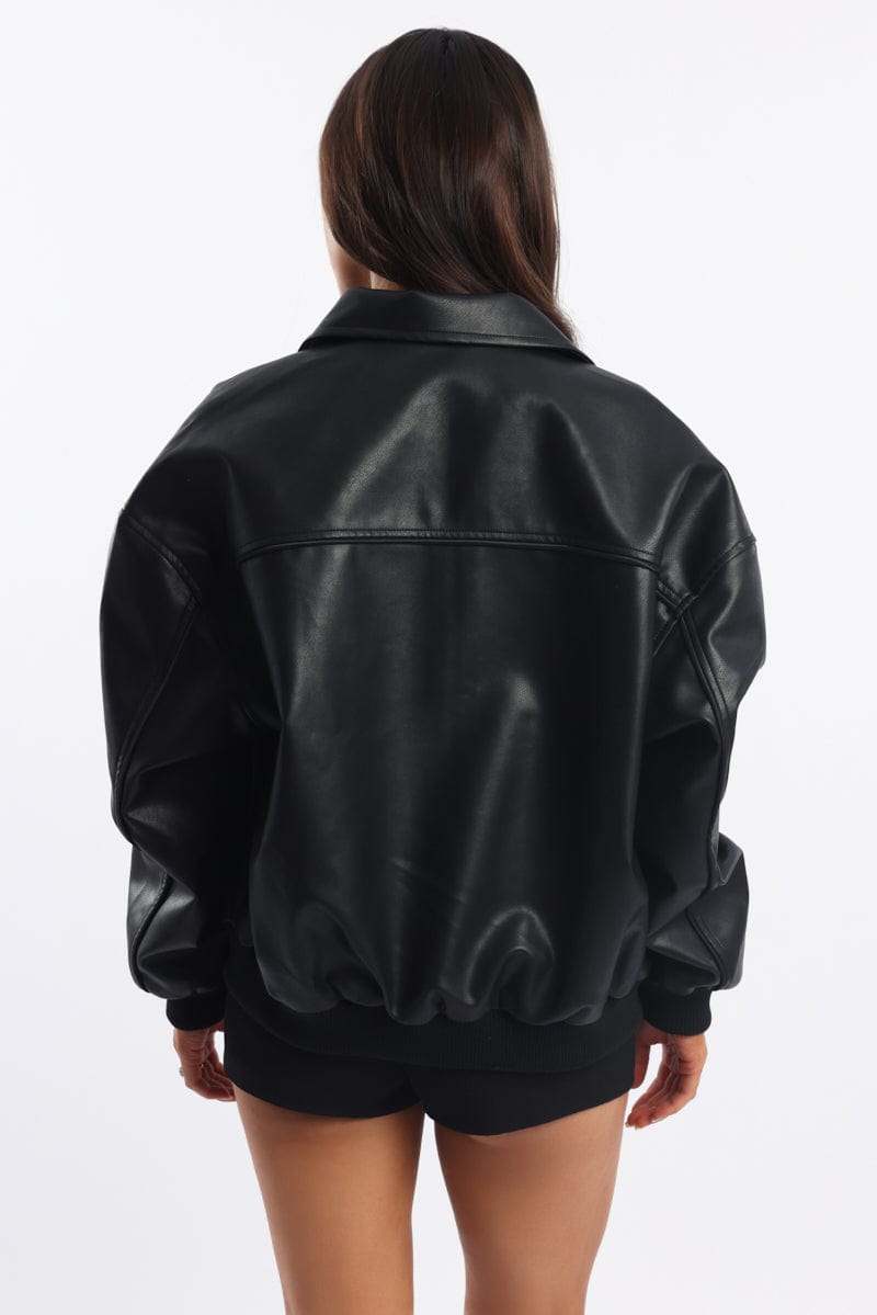 Black Bomber Jacket Faux Leather