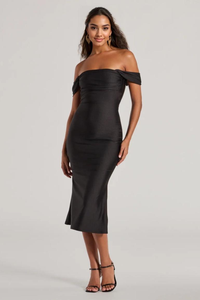Exceptional Off-The-Shoulder Flared Midi Dress