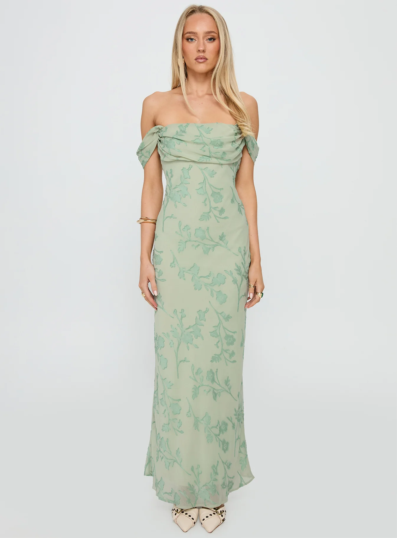 Azura Off The Shoulder Maxi Dress Green Burnout